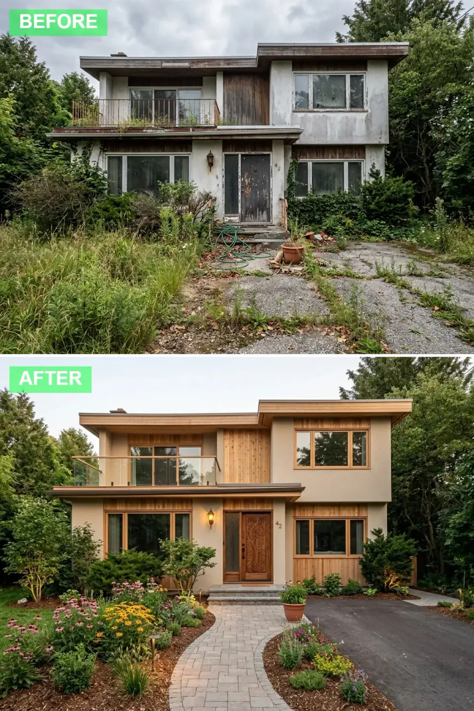Abandoned house revived as a craftsman retreat in honey-toned vertical cedar and warm beige stucco with a carved mahogany door, glass railings, and a cottage garden