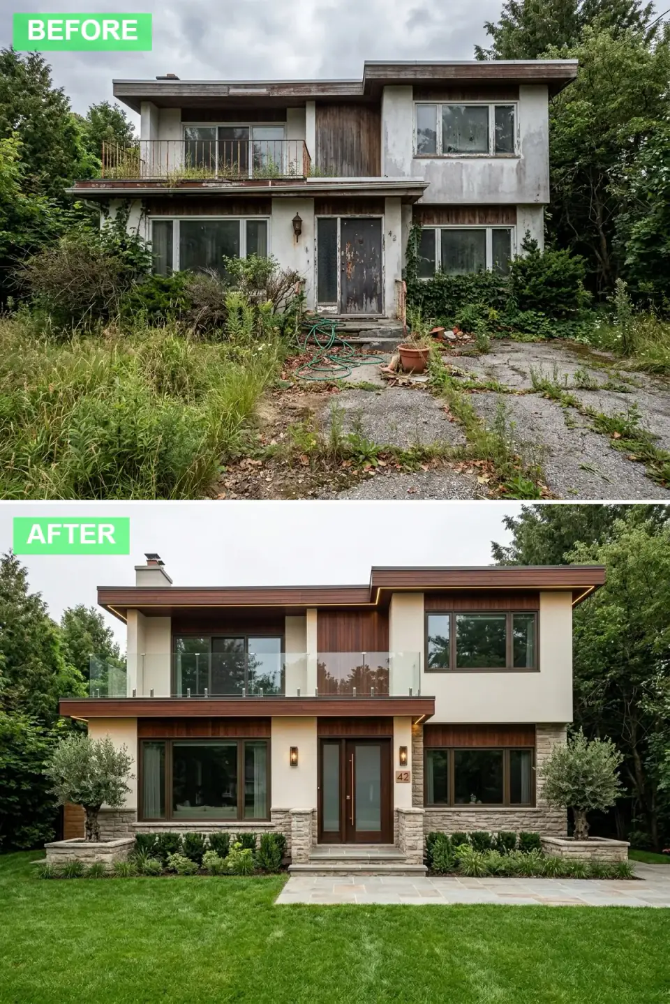 Neglected split-level reimagined as a resort villa in stacked natural stone, cream stucco, and walnut siding with frameless glass railings, boxwood parterres, and olive trees