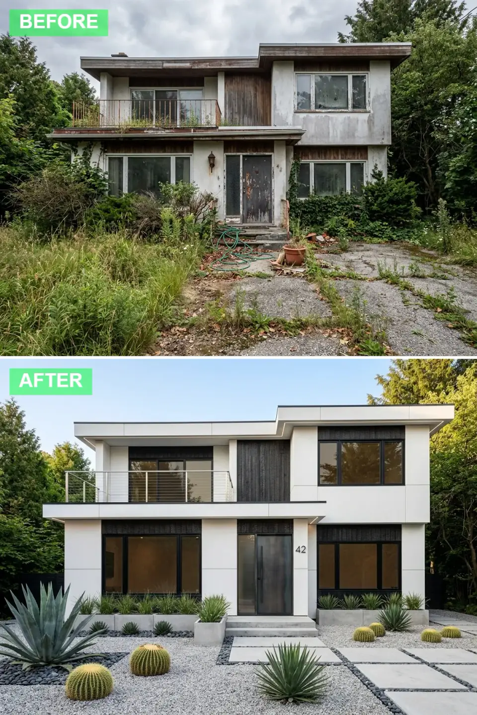 Ramshackle exterior reborn as a desert-modern composition of white stucco and charred black shou-sugi-ban cladding with a black pivot door, cable railing, and a cactus garden