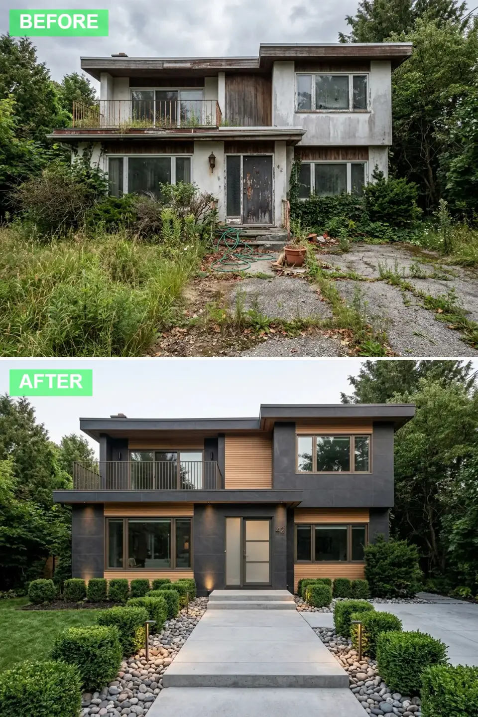 Timeworn house reclad in dark grey stone-look panels and pale honey larch siding with a recessed frosted-glass door, concrete pavers in river-rock beds, and clipped boxwood globes