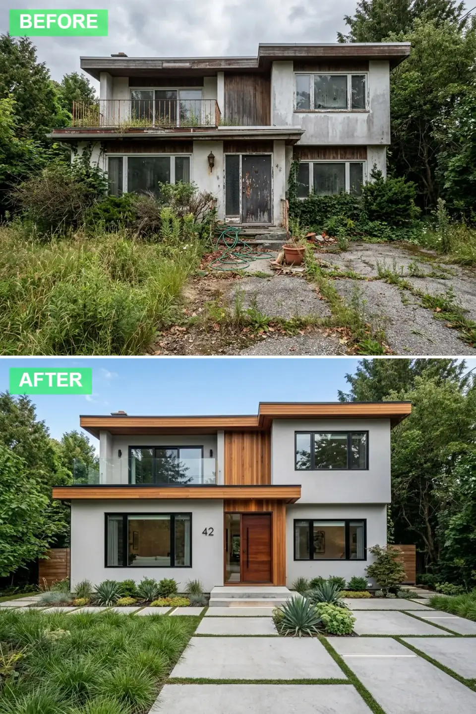 Decaying structure rejuvenated as a West Coast contemporary home in soft grey stucco and vertical cedar with clear-glass railings, a sapele door, and a paver grid in mondo grass
