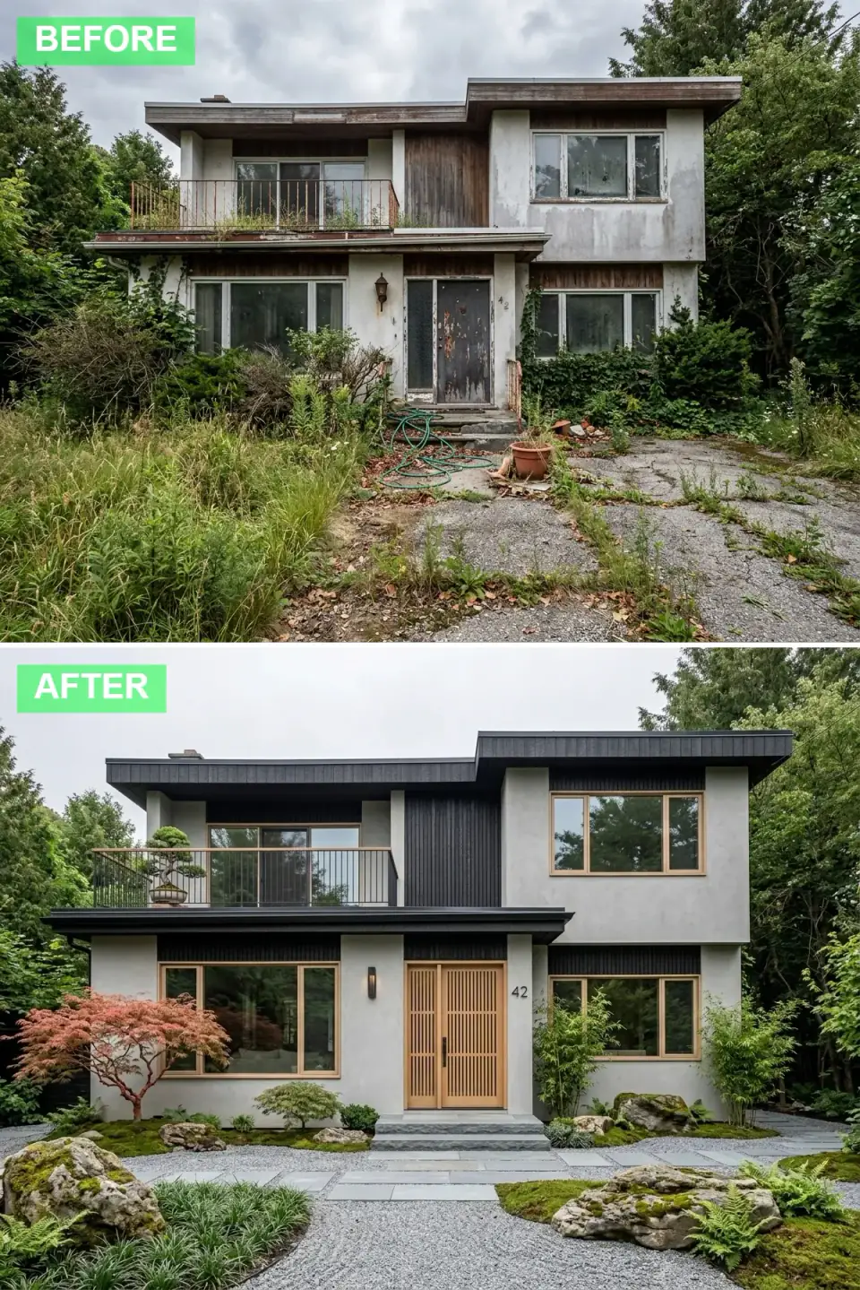 Dilapidated dwelling transformed into a Japandi retreat in soft grey plaster and vertical black timber slats with a shoji-style oak door, raked gravel, moss boulders, and a coral-bark maple