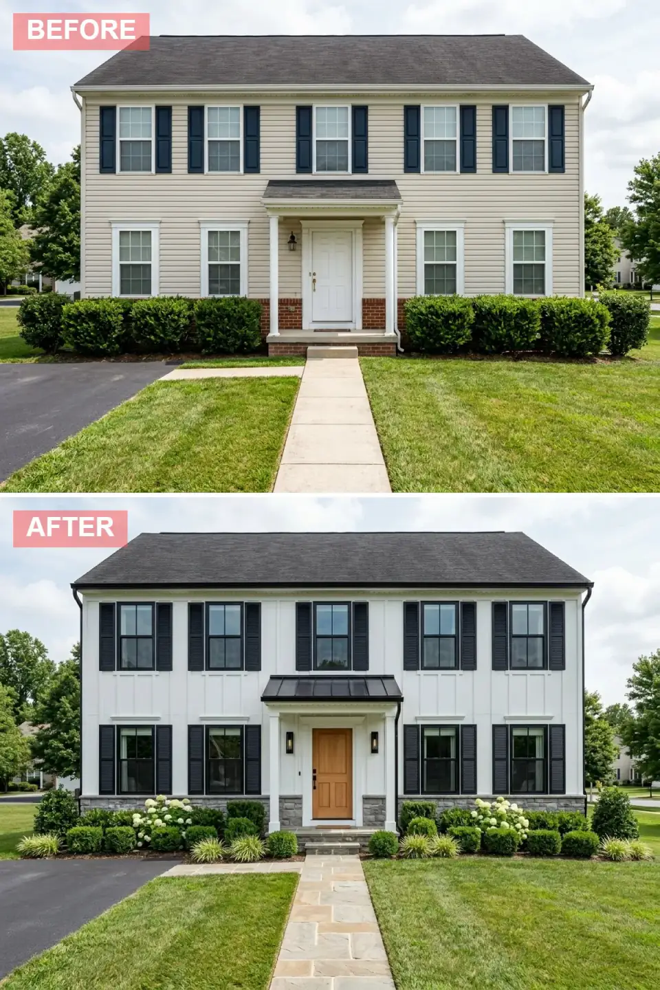 Colonial refaced as a modern farmhouse in crisp white board-and-batten with a black standing-seam portico, natural oak door, gray stone veneer base, and black louvered shutters