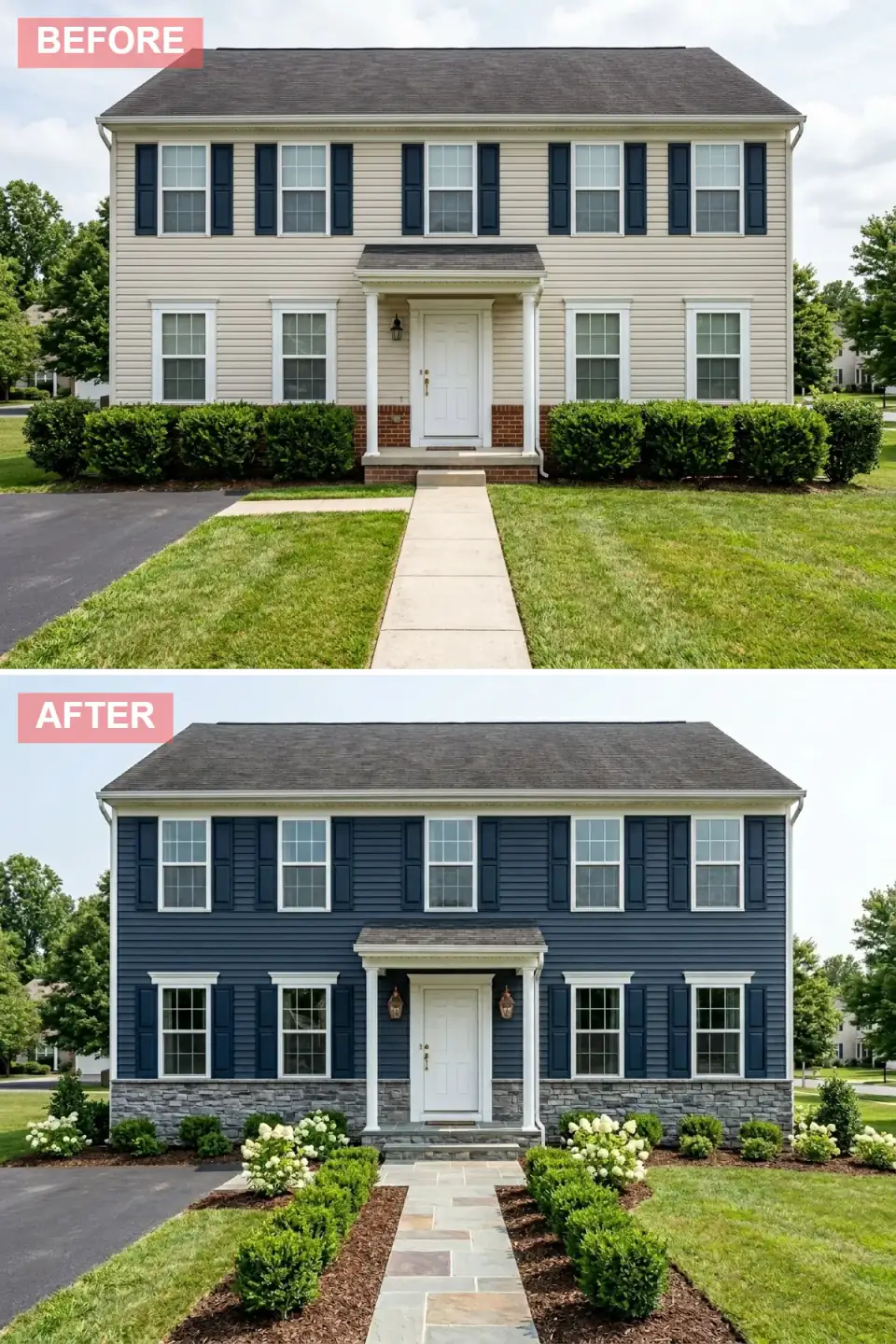 Colonial painted deep navy with bright white trim, gray fieldstone foundation veneer, white paneled door, bronze carriage sconces, bluestone walkway, and white hydrangeas