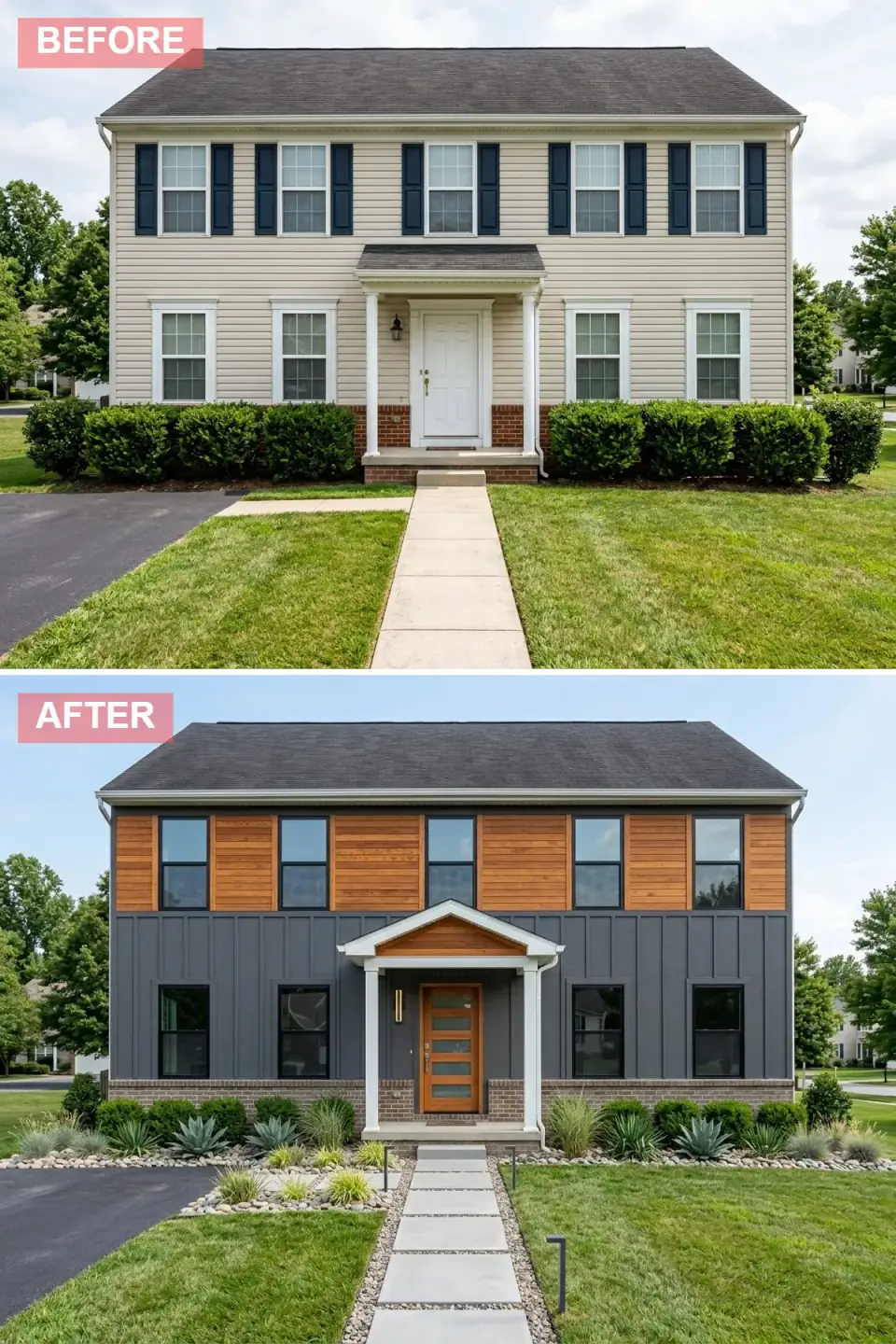 Colonial split into warm cedar upper story and charcoal board-and-batten lower level with shutterless black-framed windows, a gabled cedar-soffit portico, and a xeriscape