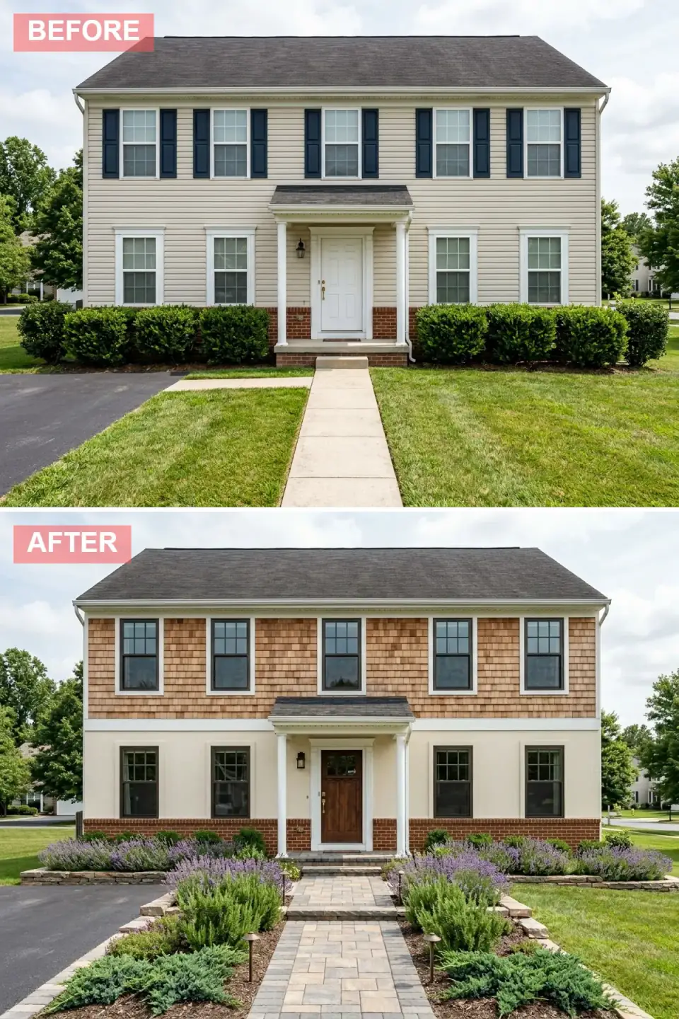 Colonial with natural cedar shake upper story, cream stucco lower level, a white dividing band, preserved red brick base, walnut transom door, and a lavender cottage garden