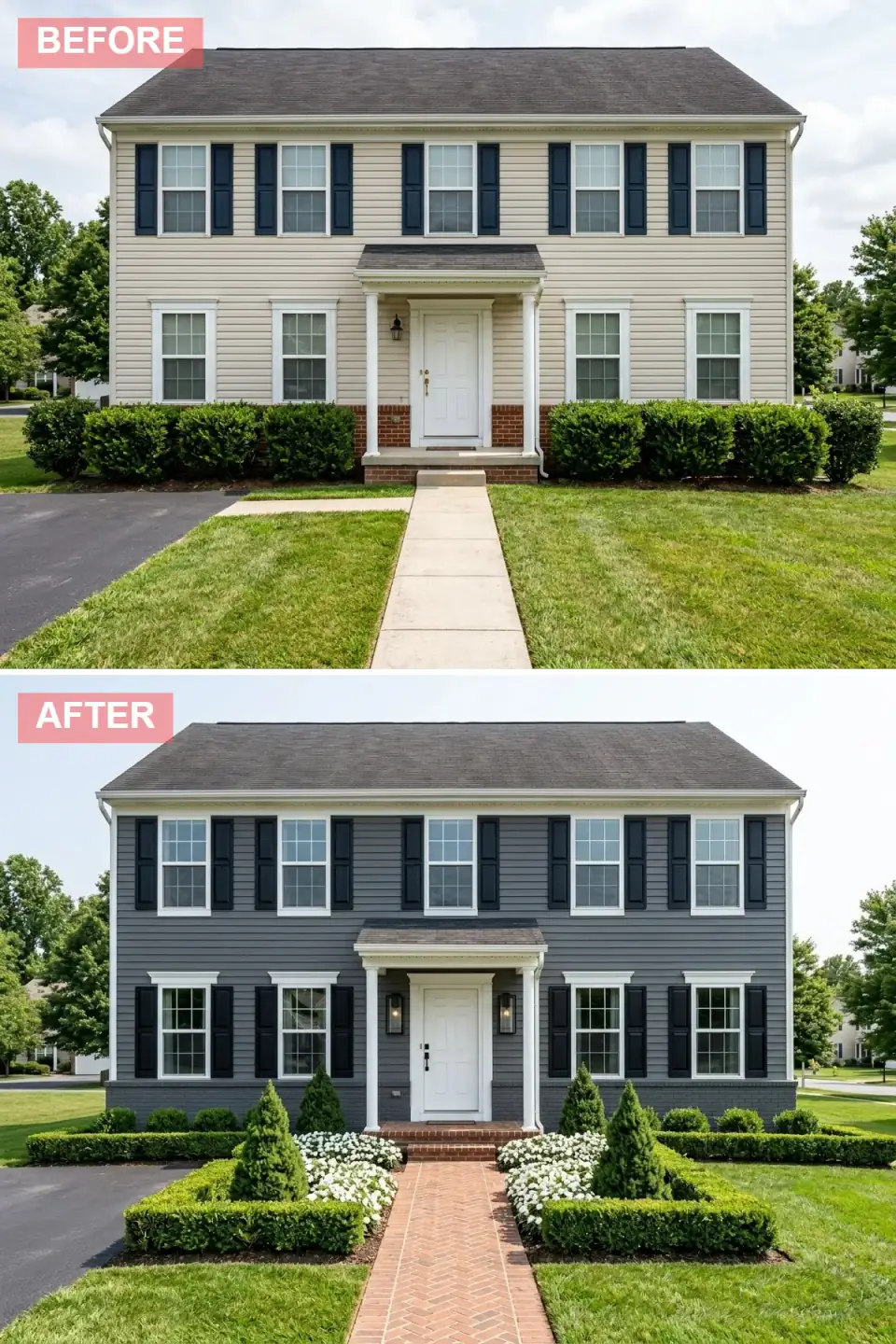Georgian-inspired colonial in medium gray with jet-black shutters, foundation painted to match, white paneled door, herringbone brick walkway, and a symmetrical boxwood parterre