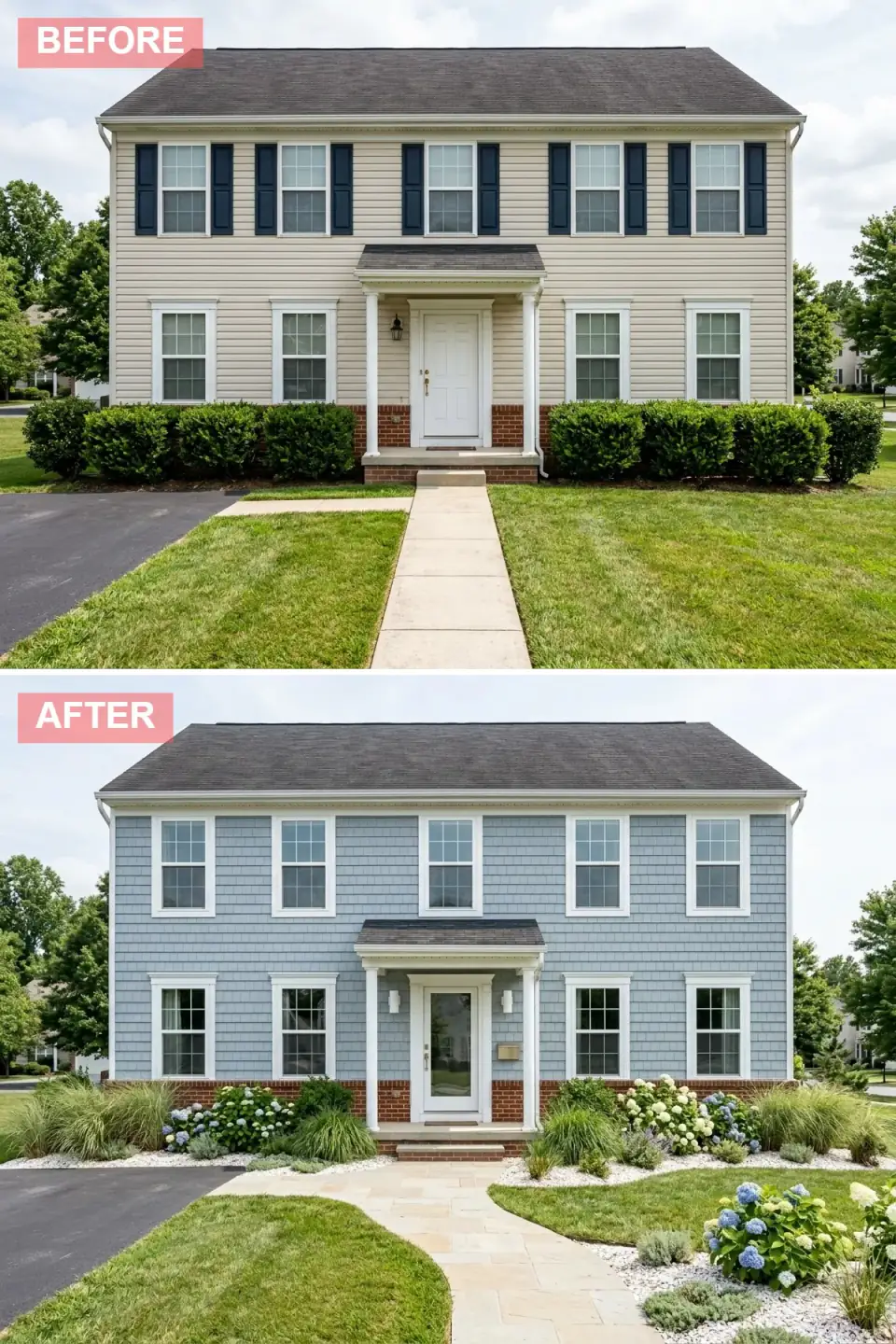 Colonial wrapped in pale blue-gray cedar shingles with white trim, a full-glass mullioned door, exposed red brick foundation, curving limestone walkway, and hydrangea beds