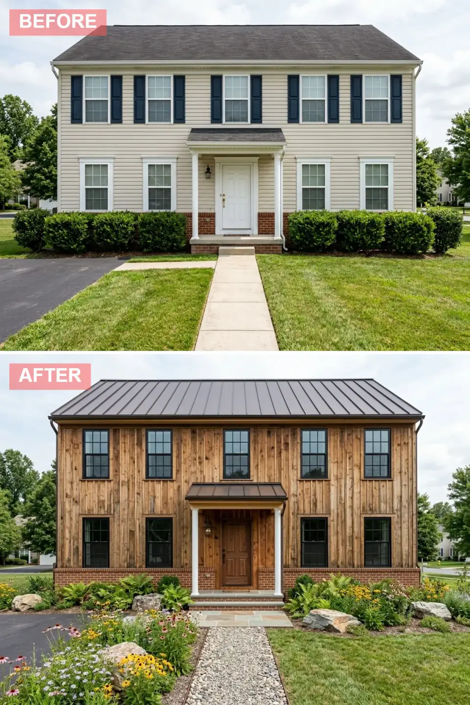 Colonial wrapped entirely in natural cedar board-and-batten under a bronze standing-seam roof with black-framed windows, a walnut plank door, gravel walk, and a native prairie meadow