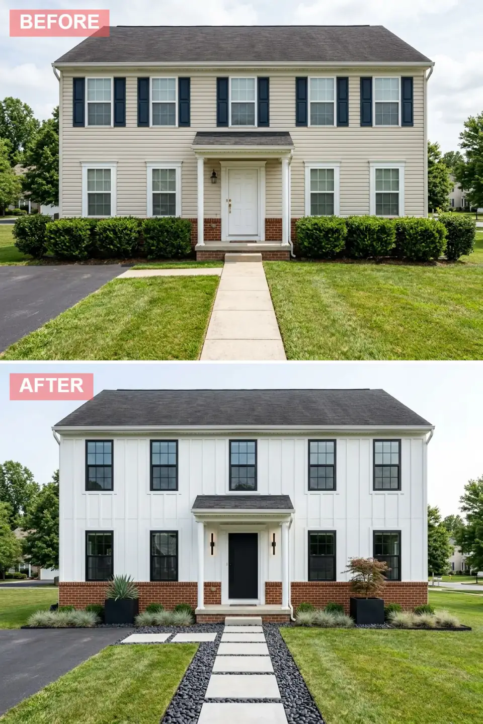 Colonial in bright white board-and-batten with a jet-black door and window frames, exposed red brick base, floating concrete pavers in black river rock, and black planters with yucca
