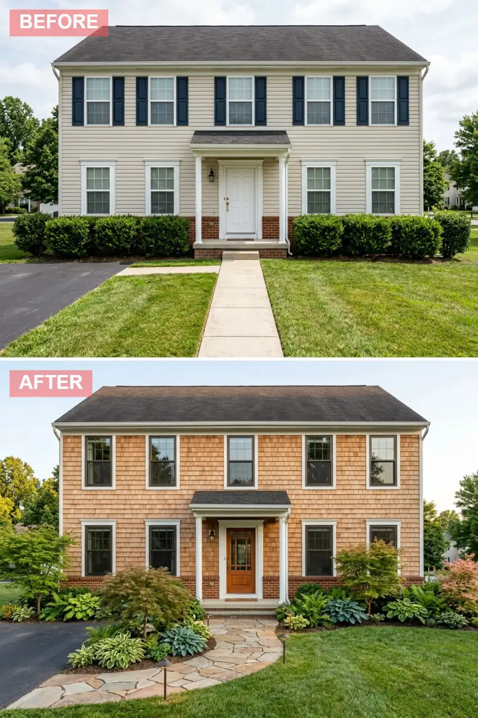 Colonial wrapped entirely in natural cedar shakes with dark bronze window frames, a mahogany divided-lite door, irregular flagstone path, and a shade garden of Japanese maples and hostas