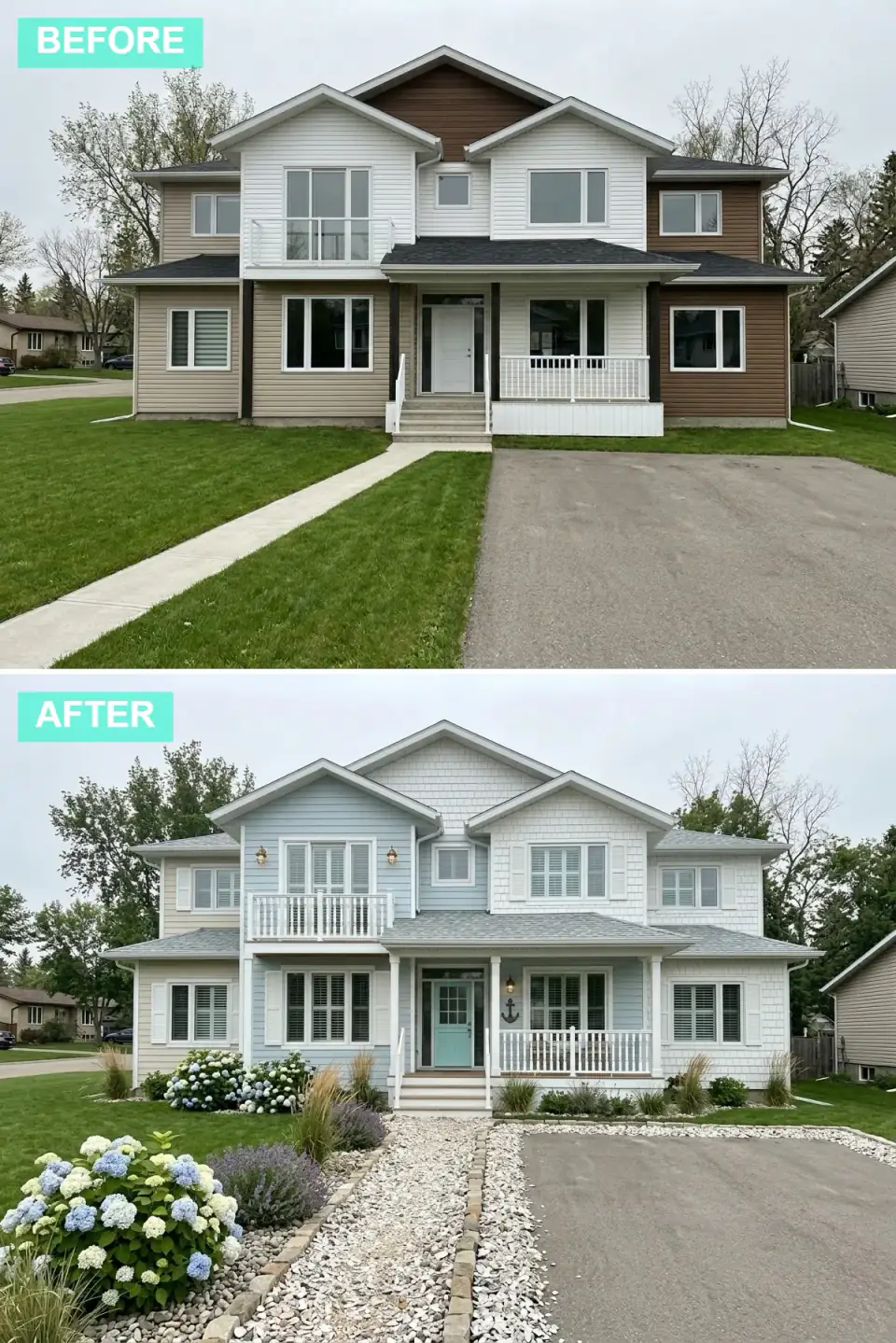 Two-story house re-skinned in light blue and white shake siding with a turquoise front door, white balcony railing, and hydrangea landscaping