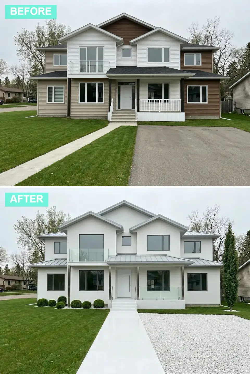 Same house finished in smooth white stucco with a standing-seam metal roof, frameless windows, glass railings, and a white concrete walkway