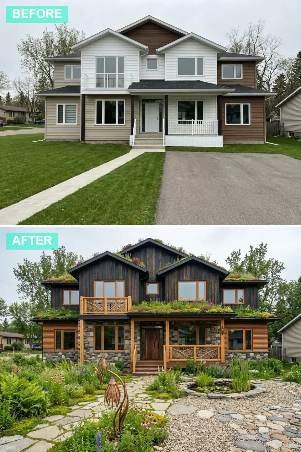Same house with dark vertical wood siding on the upper level, stone veneer below, a living green porch roof, and a natural pond and stone path