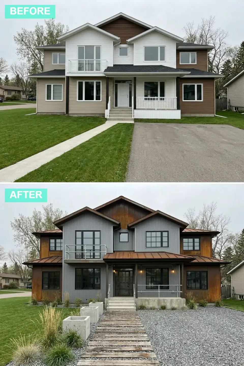 Same house clad in gray corrugated metal siding with rusted weathering-steel accent panels, pipe railings, and a concrete-and-wood-slat walkway