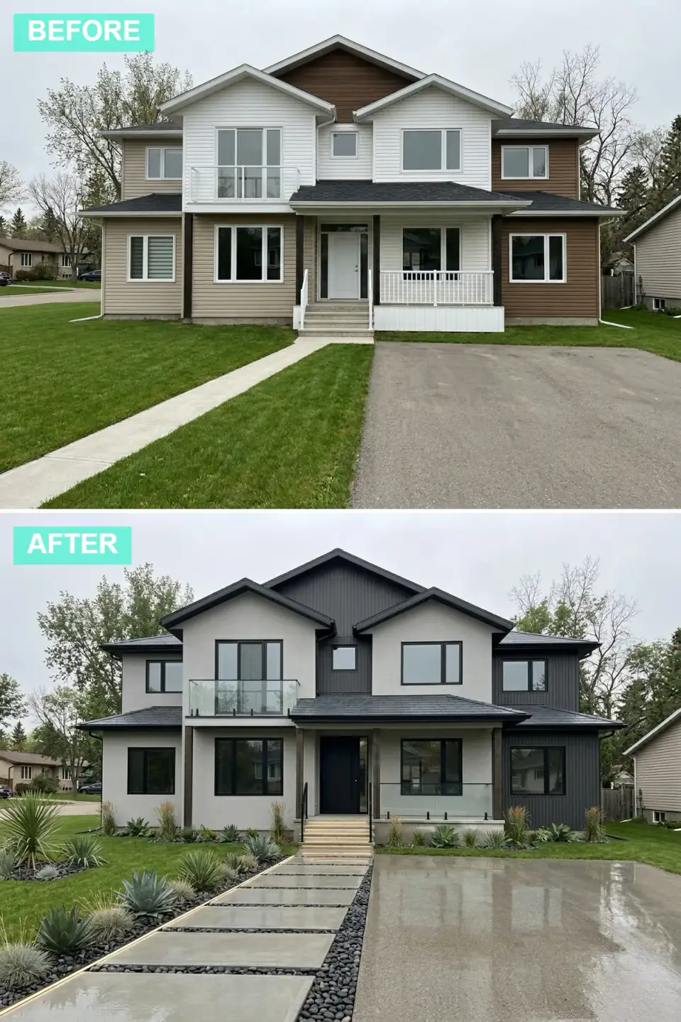Same house in a two-tone gray scheme with light gray stucco above, dark charcoal vertical siding below, black window frames, and large concrete pavers