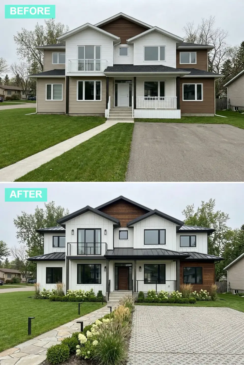 Same house in white board-and-batten siding with a warm wood accent panel, black metal roof, black windows, flagstone path, and permeable paver driveway