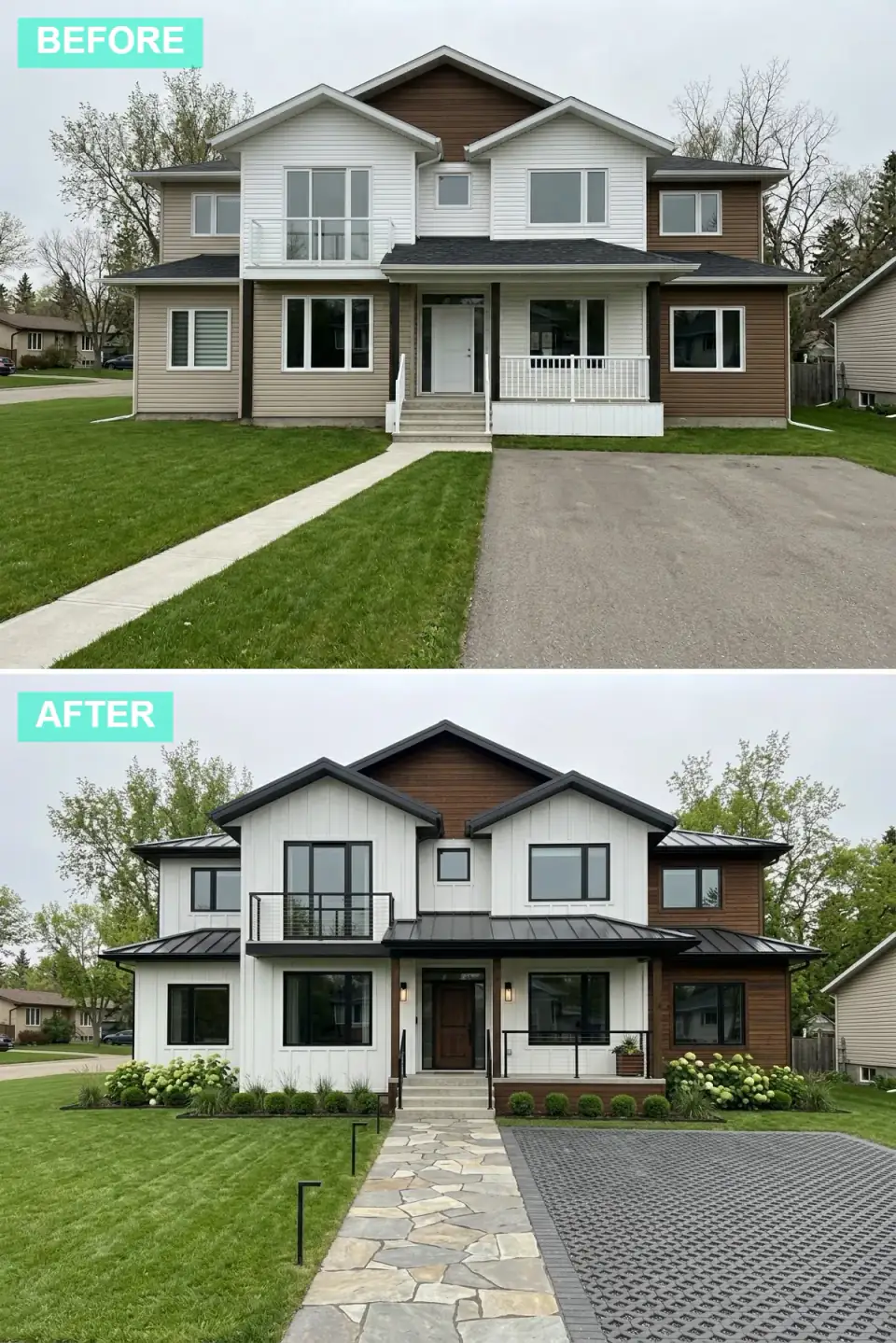 Same house in a polished farmhouse scheme with white board-and-batten, dark wood accents repositioned, manicured bushes, and a large permeable paver driveway