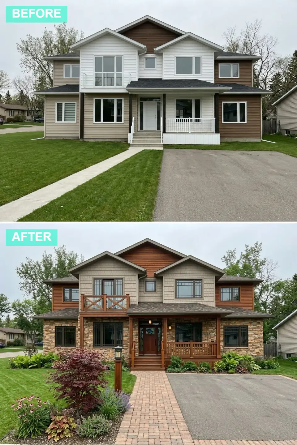 Same house in warm Craftsman style with beige shingle siding above, multi-toned stone veneer below, a cross-pattern wood porch railing, and a red brick paver path