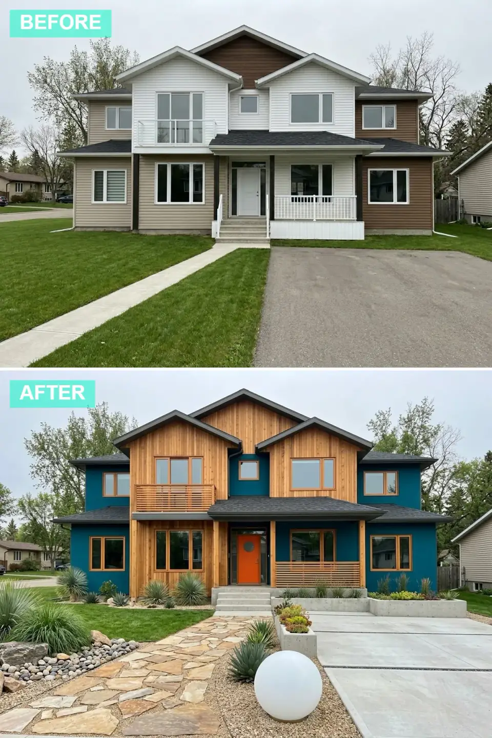 Same house in bold teal-blue stucco with natural vertical wood siding on the center and gables, a bright orange door, a round accent window, and concrete planters