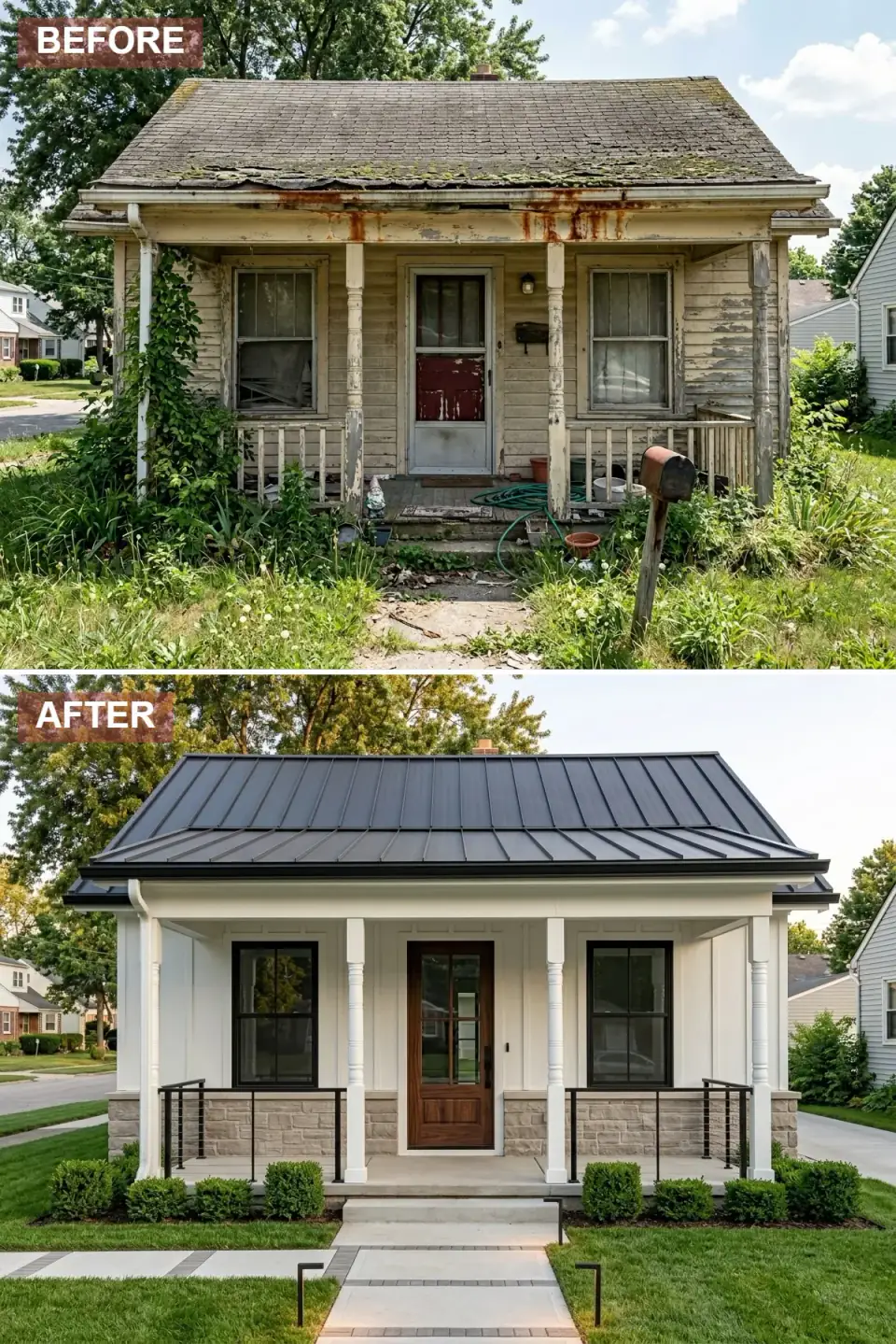 Transitional colonial small home with standing seam charcoal metal roof, crisp white siding, stone-clad porch base, walnut door with glass inserts, and a geometric concrete walkway flanked by clipped boxwoods.