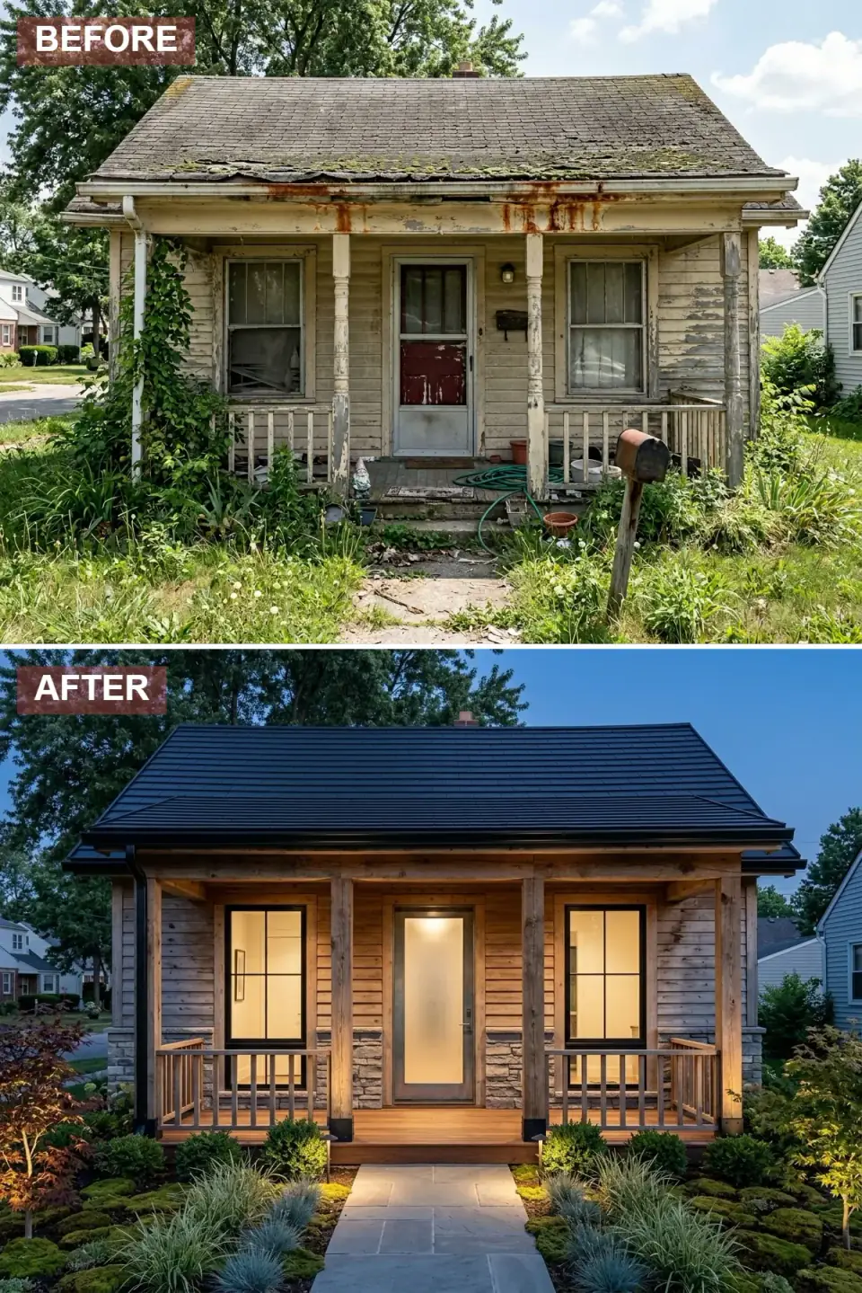Small home renovated as a zen woodland retreat with horizontal natural cedar siding, dry-stacked stone porch base, timber columns, frosted glass front door, Japanese maple, moss mounds, and uplighting at dusk.