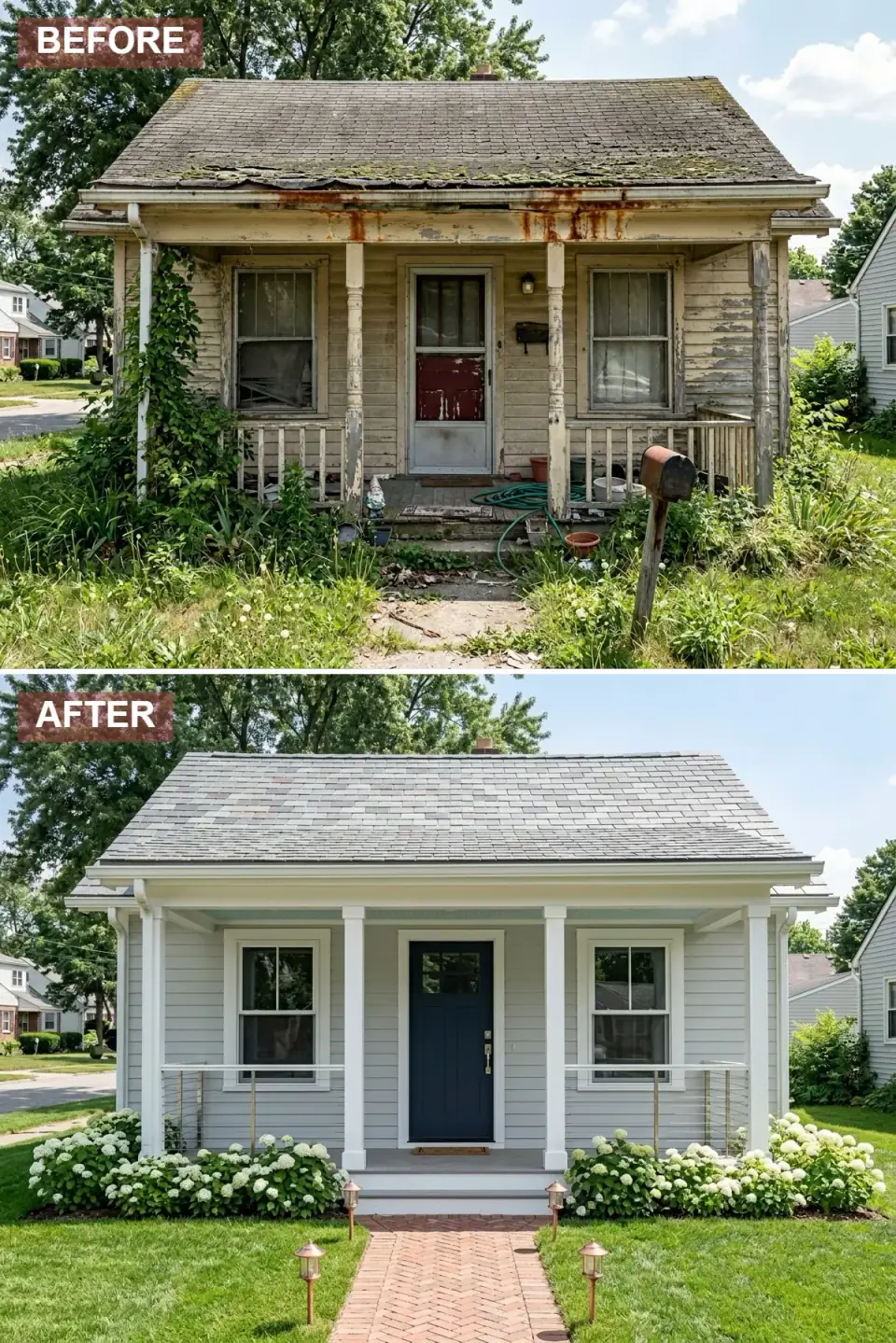 Coastal cottage transformation with soft gray clapboard siding, white trim, navy paneled front door, brass hardware, cable porch railings, white hydrangea hedges, and a herringbone brick walkway lined with copper lanterns.