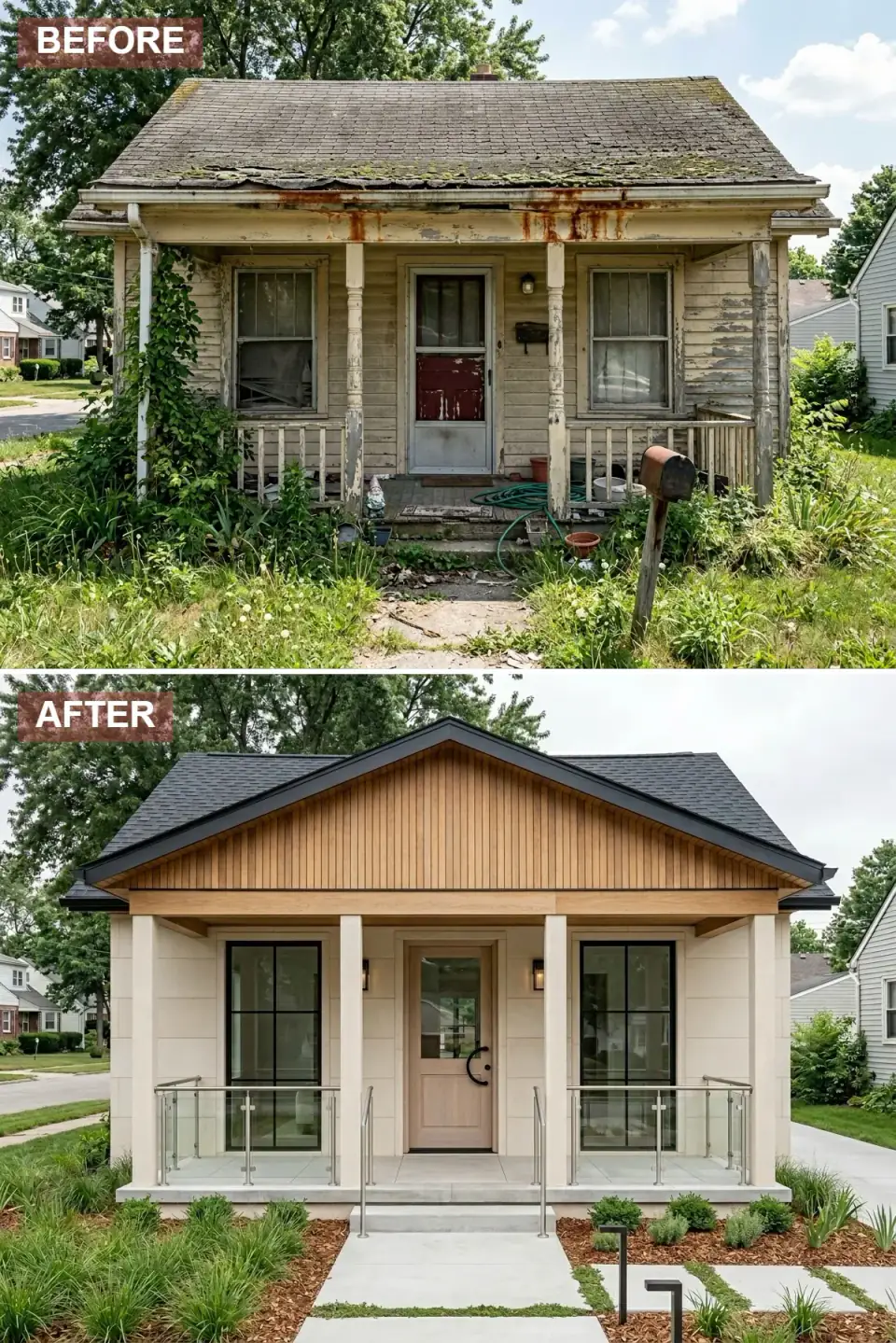 Scandinavian-inspired small home with large-format pale limestone wall panels, blonde cedar gable accent, glass porch railings with stainless steel hardware, pale wood door with circular black hardware, and concrete stepping pads in grass.