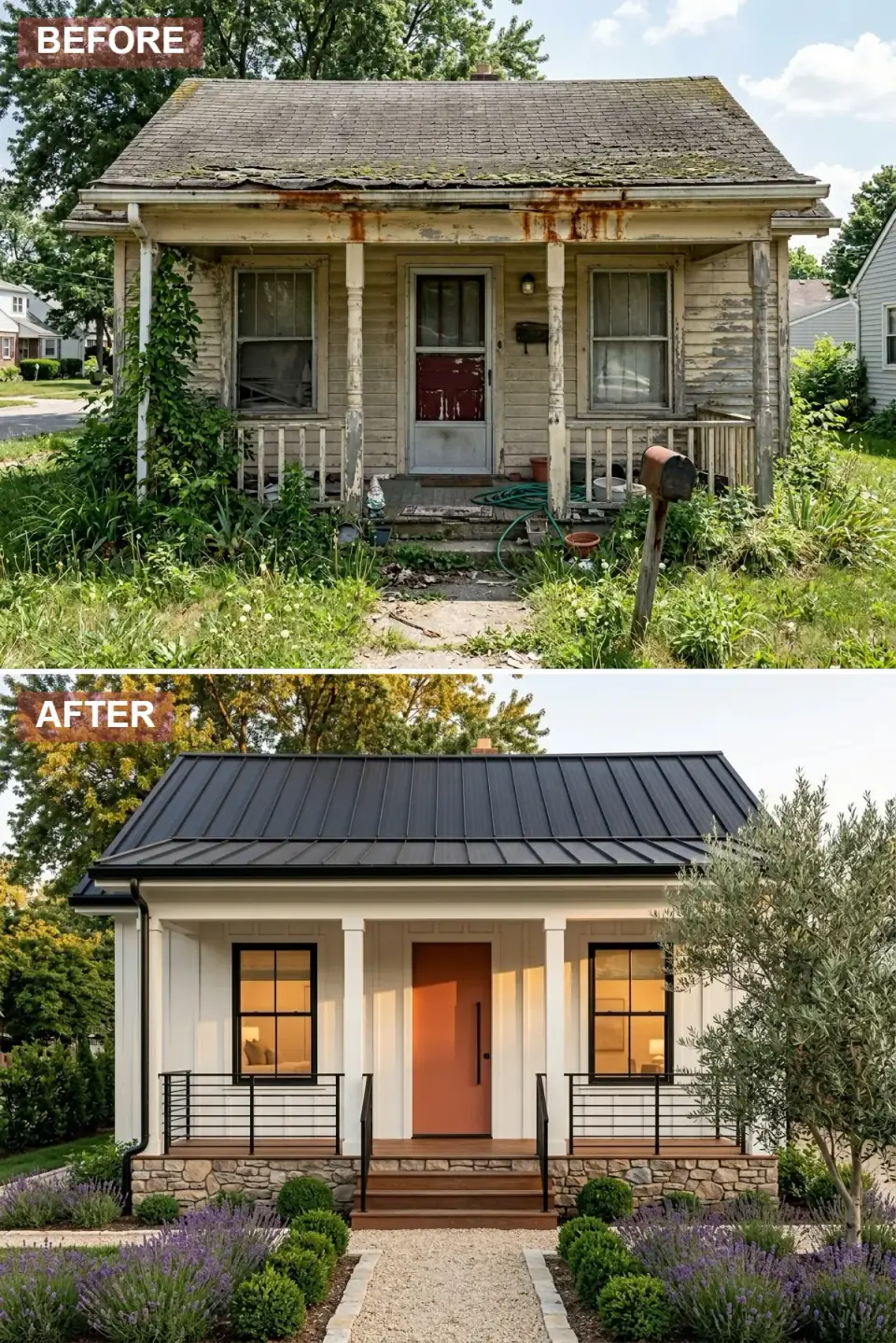 Modern farmhouse renovation with crisp white board-and-batten siding, standing seam black metal roof, dry-stacked stone porch skirt, wood porch decking, terracotta front door, lavender rows, boxwoods, and a mature olive tree.