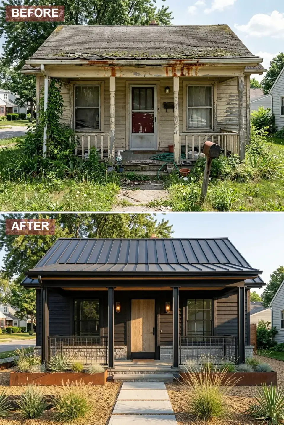 All-black farmhouse renovation with midnight black siding, bleached oak front door, stone foundation, wire mesh porch railings, corten steel planters, decomposed granite landscape, spiky grasses, yucca, and a clean concrete paver path.