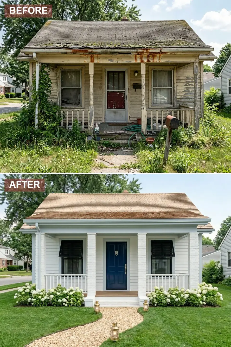 Cape Cod cottage transformation with natural cedar shake roof, crisp white facade, soft blue-gray trim, black Bahama shutters, navy paneled door with ornate brass knocker, hydrangea hedges, pea-gravel curved walkway, and brass lantern path markers.