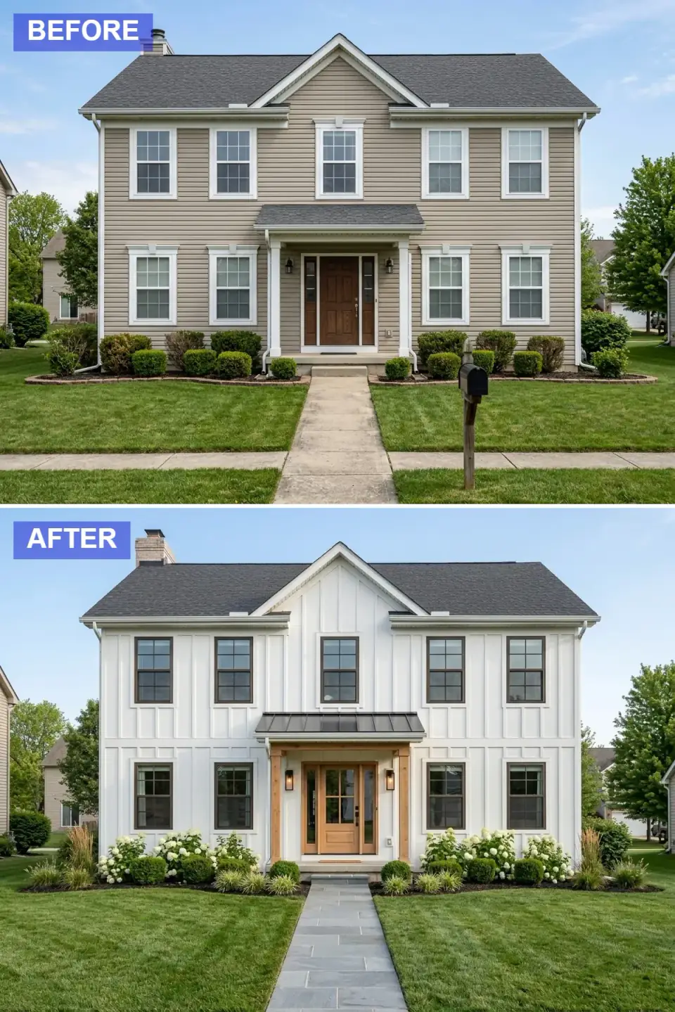 Modern farmhouse exterior facelift with crisp white board-and-batten siding replacing dated beige, sleek black-framed windows, natural wood front door with matching wood porch columns and beams, metal porch roof, new slate paver walkway, and lush hydrangea foundation plantings.