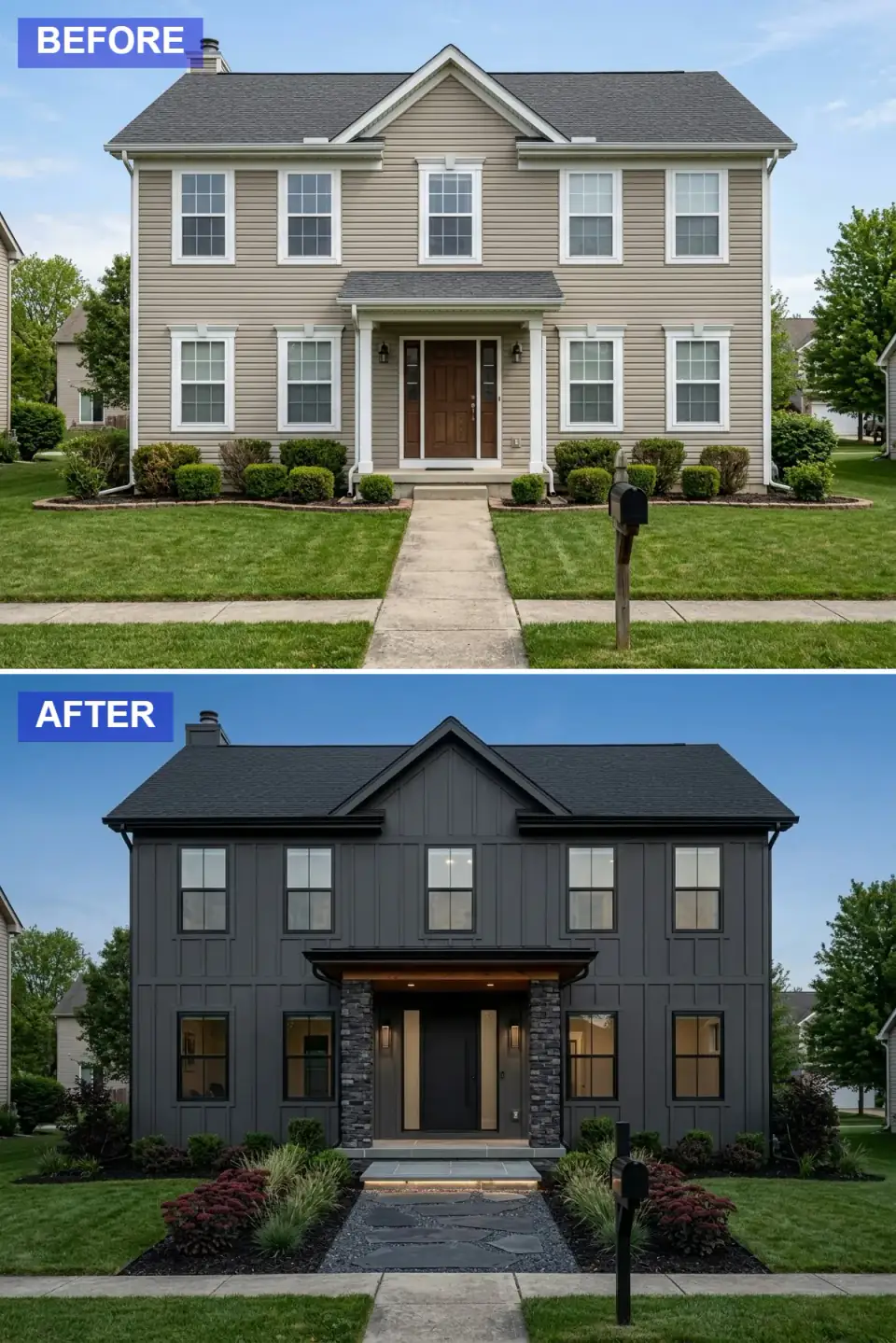 Moody modern dark facade transformation in charcoal board-and-batten siding, black window frames, modern black entry door, dark stacked stone veneer on the lower level and porch columns, warm wood porch ceiling, dark slate and gravel walkway with integrated LED strip lighting.
