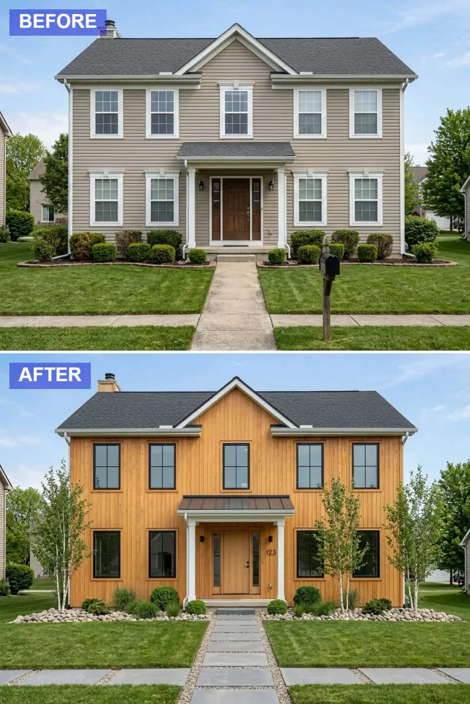 Scandinavian-inspired facade transformation with vertical natural wood siding, black-framed gridless windows, matching light wood front door, large modern concrete pavers set in light gravel, birch trees and river stones for organic landscape.