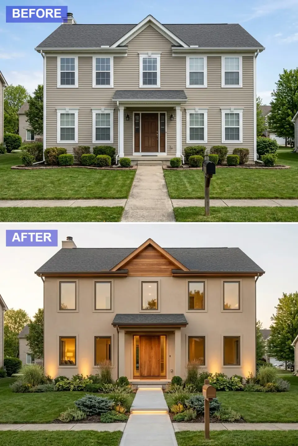 Contemporary stucco facade transformation in smooth warm greige finish with natural wood accent panel on the upper gable, large modern pivot-style wood front door, bronze-framed windows, integrated LED strip walkway lighting, dramatic landscape uplighting.
