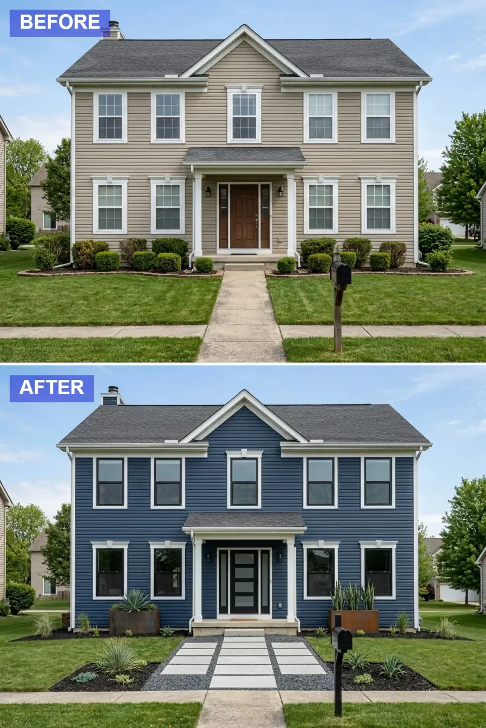 Bold deep navy blue horizontal lap siding facade transformation with thick crisp white trim boards, black-framed gridless windows, modern glass-panel front door, large corten steel planters with architectural agave plants, large concrete pavers set in dark gravel.