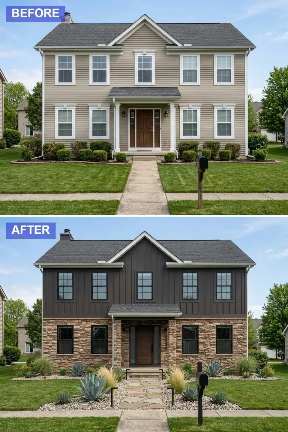 Rustic modern Craftsman facade transformation with dark grey board-and-batten on the upper level, warm tan stacked stone veneer on the lower half, black-framed gridded windows, dark walnut Craftsman-style entry door, flagstone walkway, drought-tolerant grasses and agave landscape.
