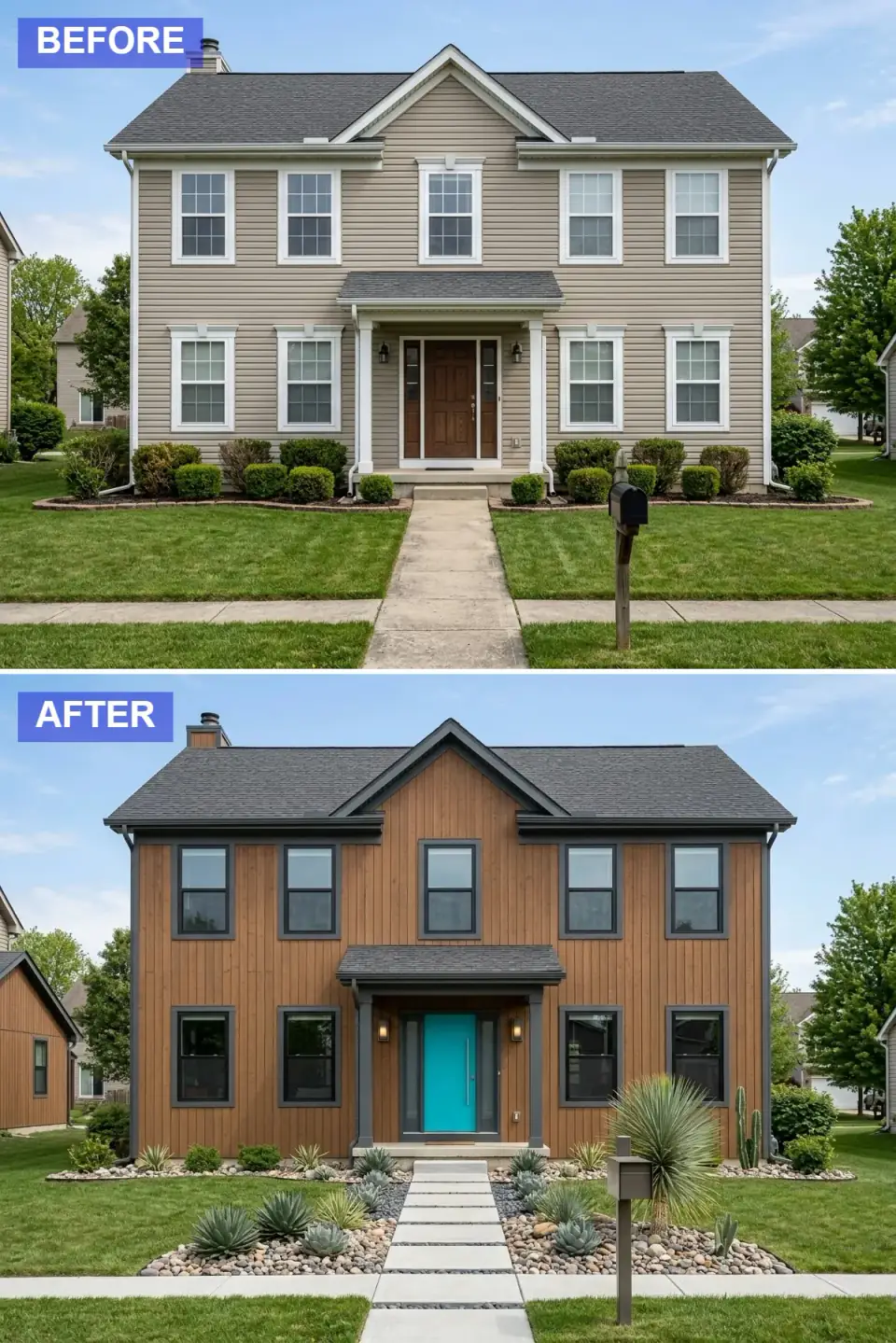 Mid-century modern facade transformation with vertical wood siding in medium brown tone, dark grey trim, vibrant turquoise slab front door, black-framed gridless windows, geometric walkway of concrete pavers and black river rock, sculptural yucca and cactus plantings.