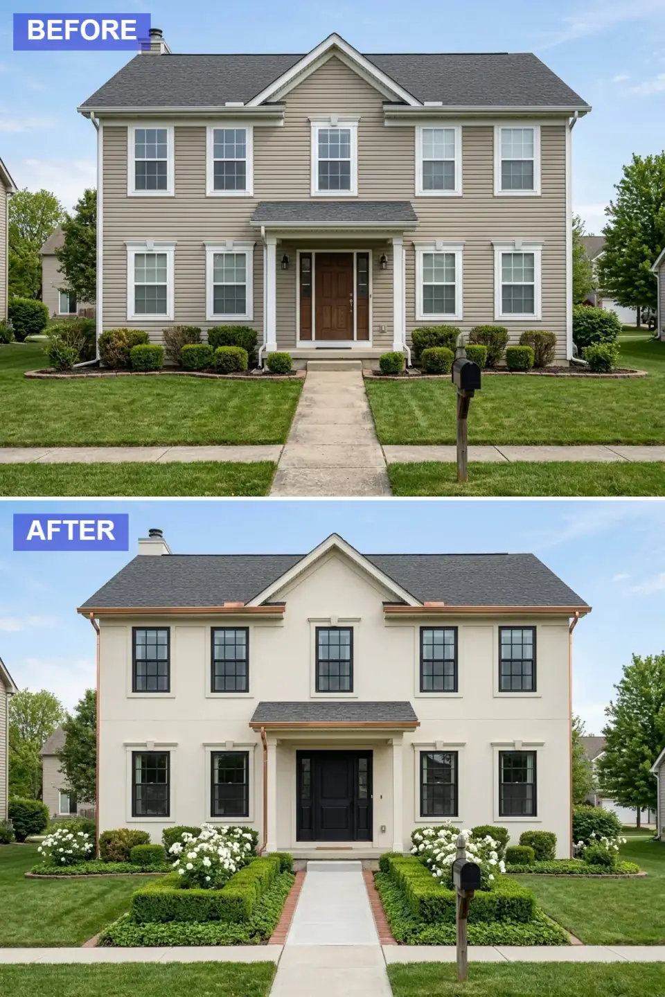 Timeless classic facade transformation in smooth creamy off-white stucco, black-framed gridded windows, classic black panel front door, new copper gutters and downspouts, concrete walkway with red brick border, formal boxwood hedges and white roses.