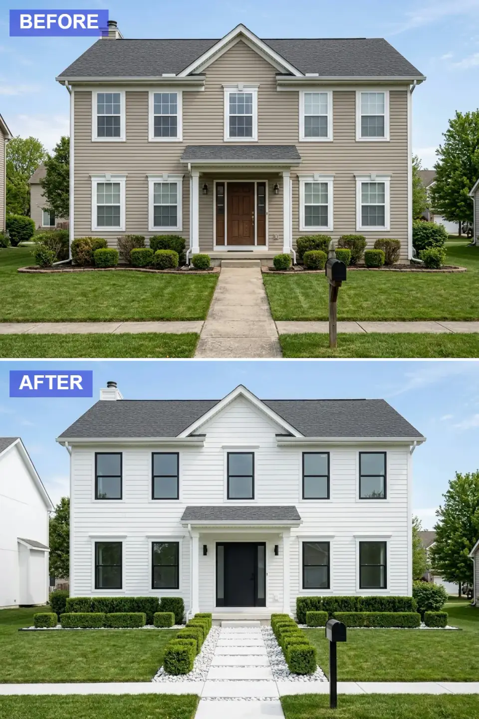 Ultra-modern minimalist black-and-white facade transformation with white horizontal lap siding and matching trim, black-framed gridless windows, modern black slab entry door, large concrete pavers set in white river rock, precisely trimmed low boxwoods, stark graphic contrast.
