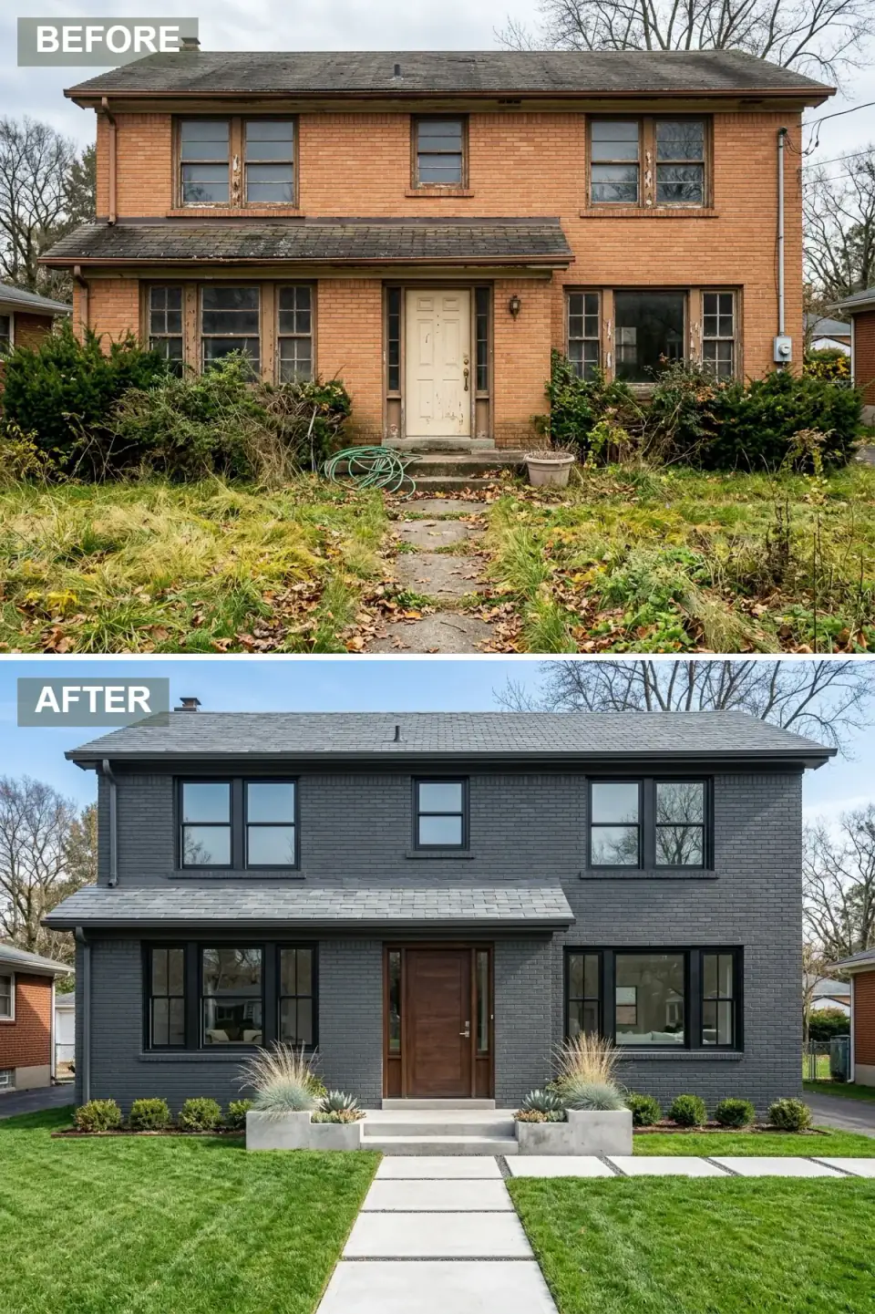 Dated red-brick house transformed with a charcoal-graphite painted-brick facade unified with a cool slate-grey roof, sleek black-framed low-profile windows, a rich walnut entry door, flanking concrete planters with sculptural grasses and agave, and large-format square pavers with lawn-strip joints