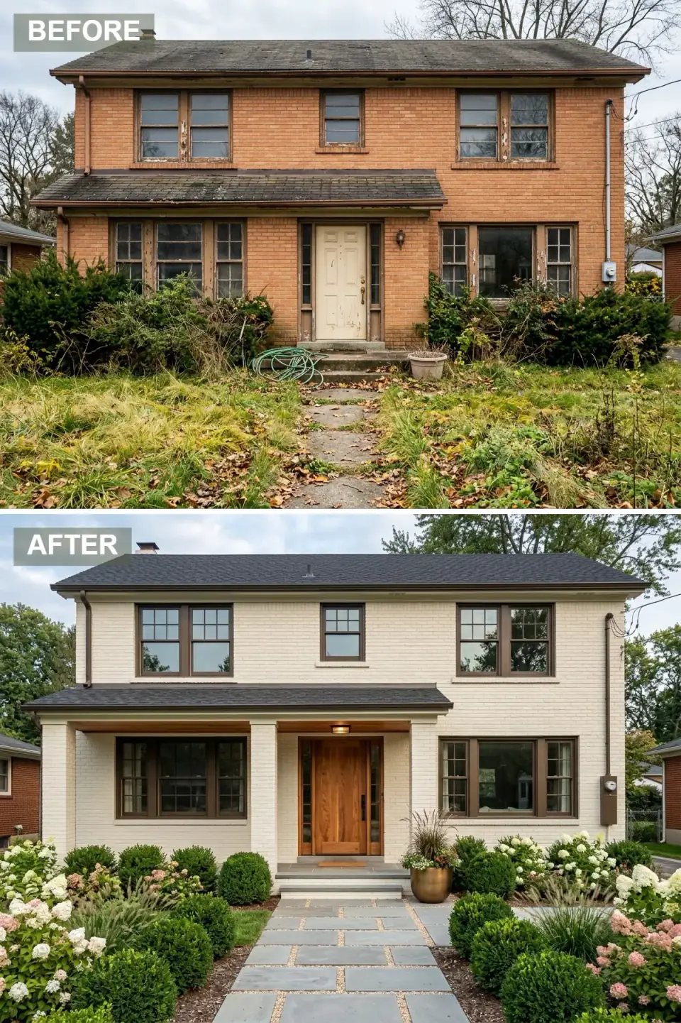 Brick house transformed with a warm ivory limewash, a dark charcoal shingle roof, chocolate-brown framed windows with traditional muntins, a natural oak door under a cedar-lined porch soffit, a bluestone walkway with gravel inlays, and layered gardens of boxwood, white hydrangeas, and blush roses