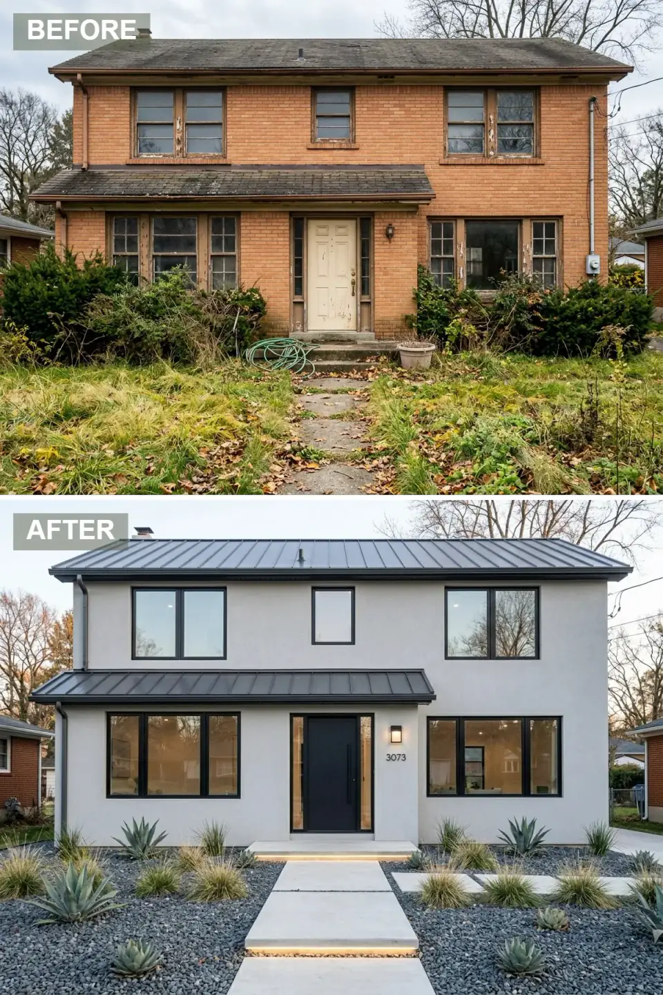 Brick house enveloped in smooth pale stucco with a charcoal standing-seam metal roof, large black-framed glass expanses, a matte black pivot door, and a xeriscape of blue-grey river rock with agave, succulents, and desert grasses lit by recessed walkway LEDs