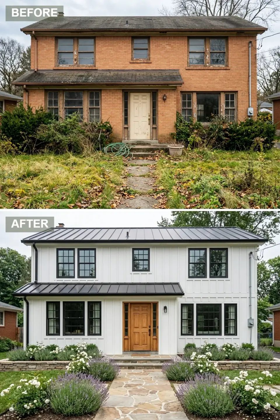 Brick house reclad in crisp white board-and-batten siding with a dark standing-seam metal roof, black divided-light windows, a honey-toned six-panel oak door, structured garden beds bordered by a low fieldstone wall with lavender, white roses, and boxwood, and an irregular flagstone path with mossy joints