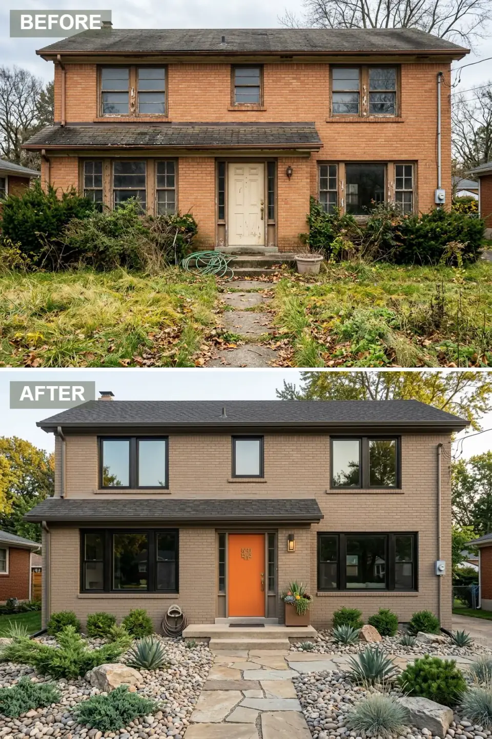 Brick house refinished with a warm adobe-tan brick stain, a dark bronze roof and black window frames, a vibrant tangerine front door, and a sustainable rock garden of smooth river stones, boulders, and sculptural succulents with a flagstone path and copper planter