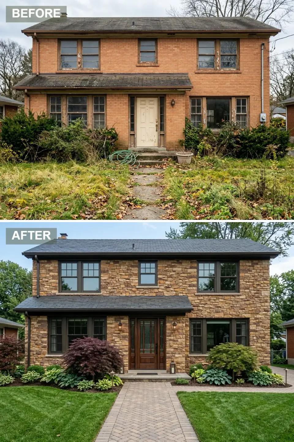 Brick house veneered entirely in multi-tonal natural stone in copper, caramel, and umber, with a dark slate roof, espresso window frames, a dark mahogany door with beveled glass and sidelights, carriage-style sconces, a herringbone brick walkway, hostas, and a burgundy Japanese maple