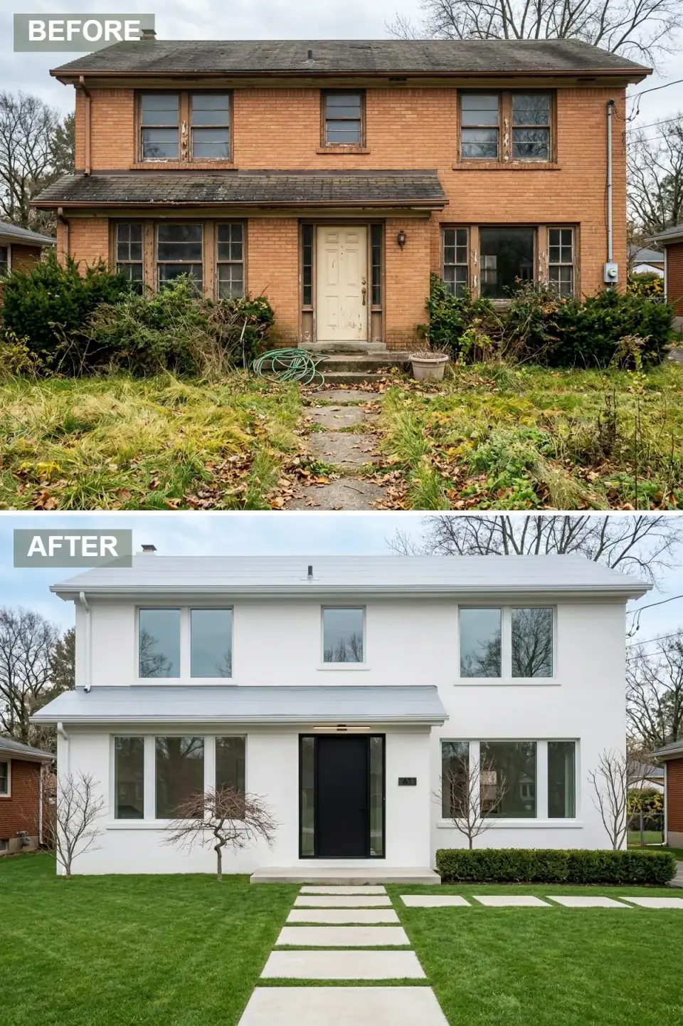 Brick house unified in crisp white with smooth render over the brick, a standing-seam roof painted to match, pale window frames, and a single deep ebony front door as the only contrast, set in a minimal landscape of clipped boxwood hedge, young ornamental trees, and large square concrete pavers in an emerald lawn