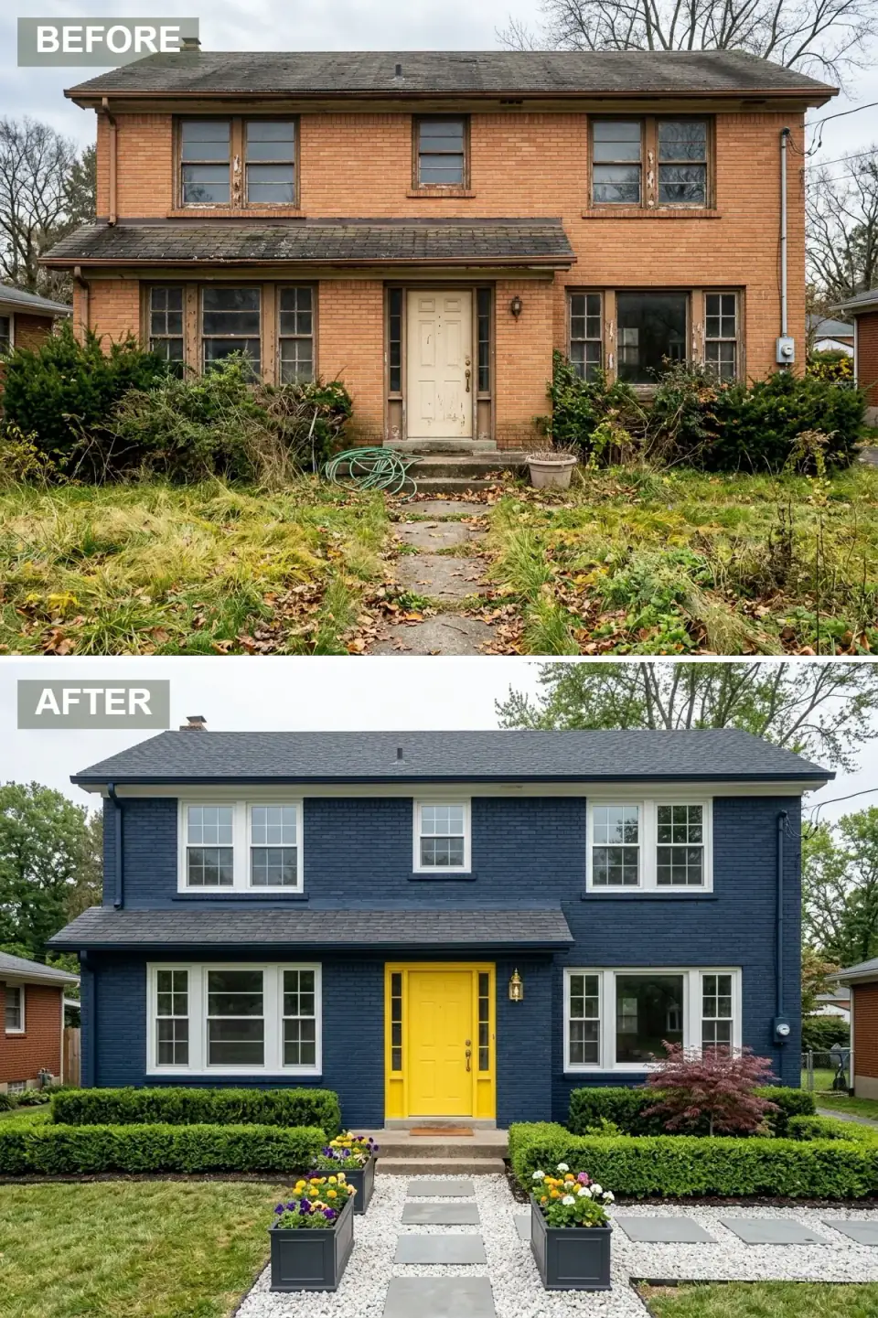 Brick house painted deep maritime navy with bright white muntin windows, a gleaming canary-yellow front door as a cheerful focal point, geometric boxwood hedges around white gravel beds, charcoal slate steppers, a burgundy Japanese maple, and a vintage brass sconce