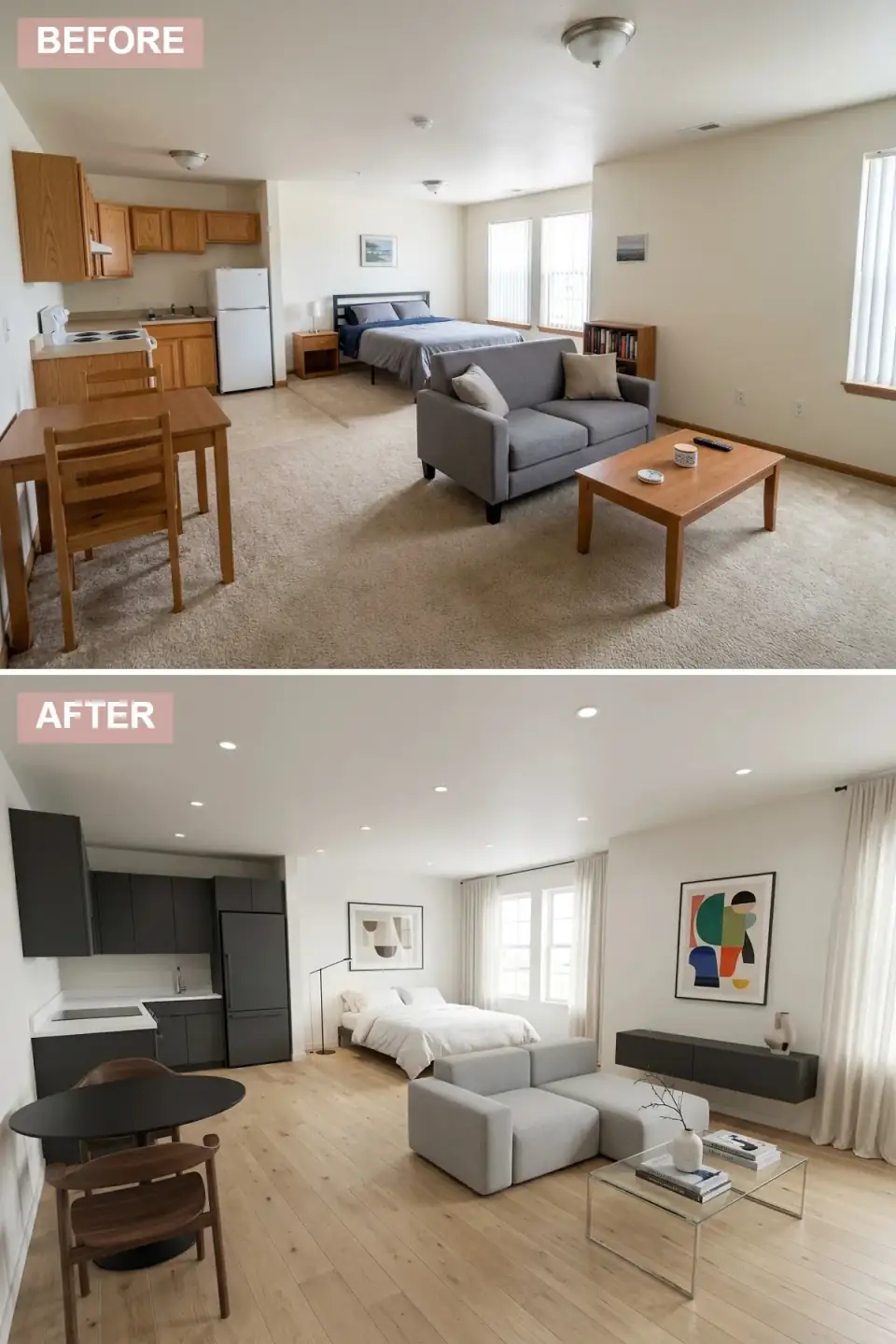 Minimalist modern studio apartment with handleless charcoal gray kitchen cabinets, white quartz countertop, wide-plank light oak flooring running continuously throughout, modular gray sectional, glass coffee table, statement floor lamp, and bold abstract art