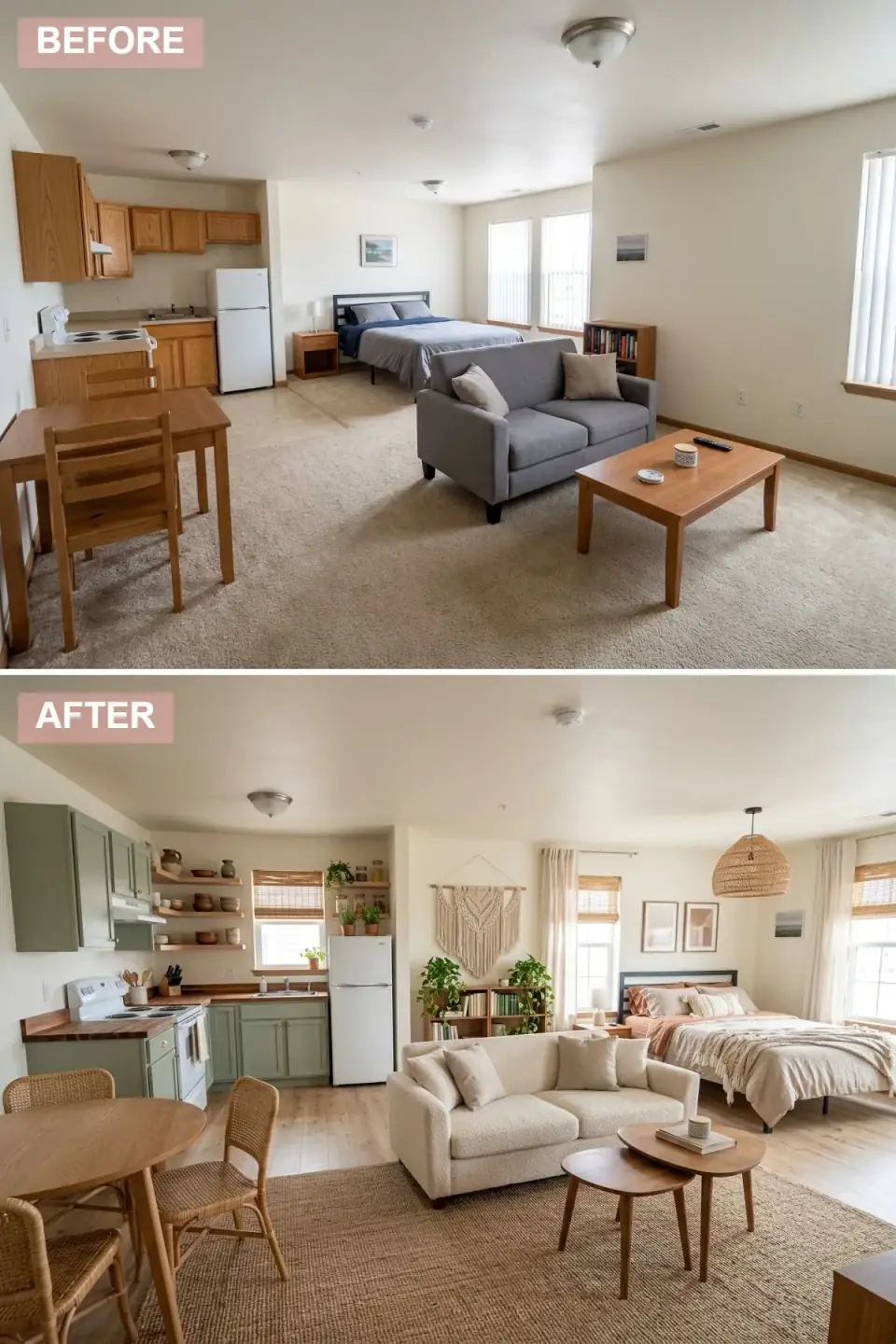 Boho chic studio apartment with sage green lower kitchen cabinets, open wooden shelving, butcher block countertops, large jute area rug, cream boucle sofa, nesting wood coffee tables, macrame wall hanging, woven pendant lights, and abundant plants